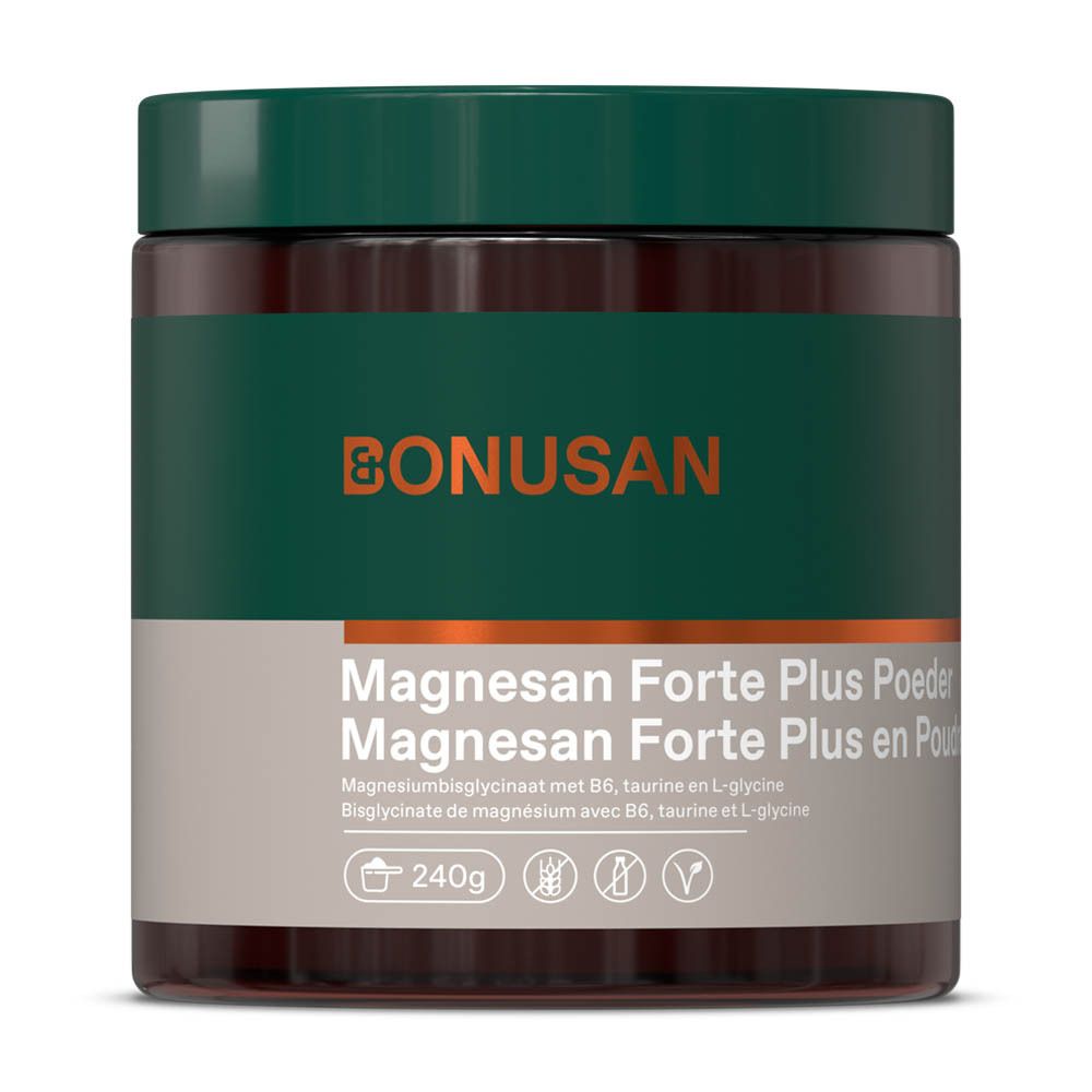 Pot brun avec couvercle vert. Inscription : Magnesan Forte Plus, 240g, BONUSAN.