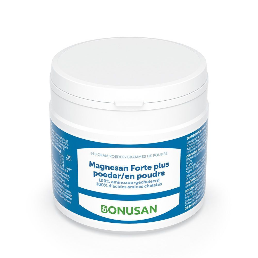 Pot blanc avec étiquette bleue. Inscription : Magnesan Forte plus en poudre, 240g, BONUSAN.