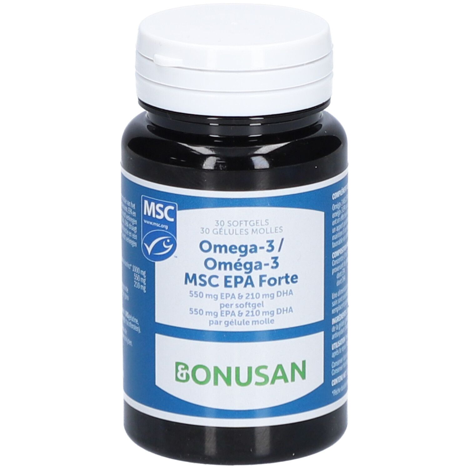 Flacon noir avec bouchon blanc. Inscription: Oméga-3/MSC EPA Forte. Certification MSC. Marque: Bonusan.