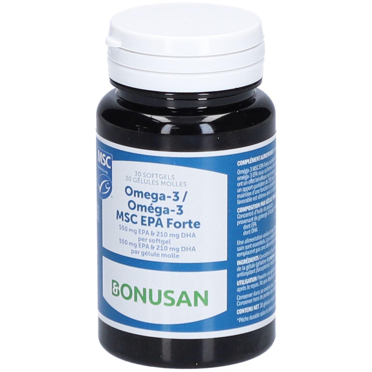 Flacon noir avec bouchon blanc. Inscription: Oméga-3/MSC EPA Forte. Certification MSC. Marque: Bonusan.