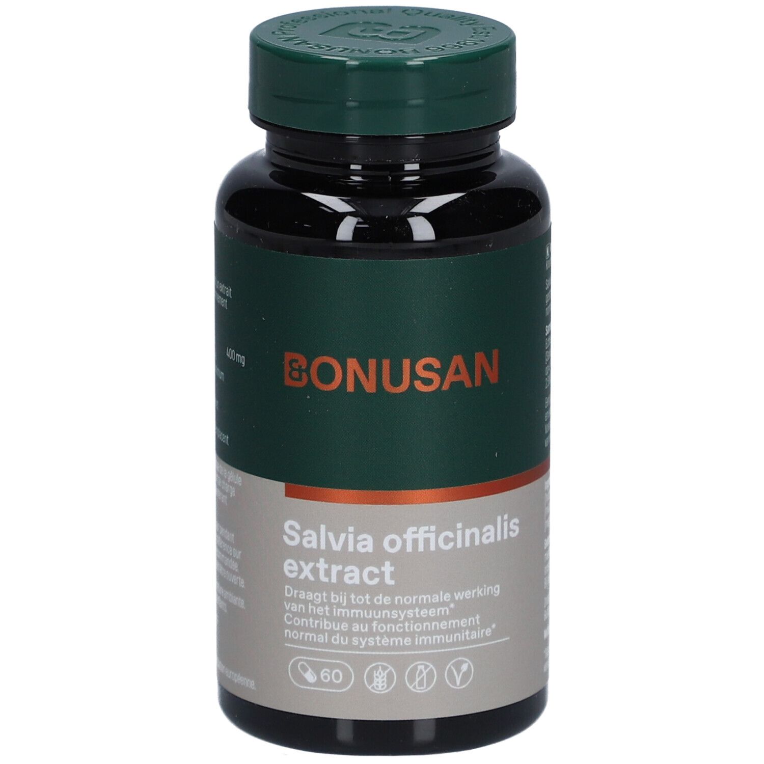 Dunkle Flasche mit grünem Deckel. Aufschrift: Bonusan, Salvia officinalis extract. 60 Kapseln.