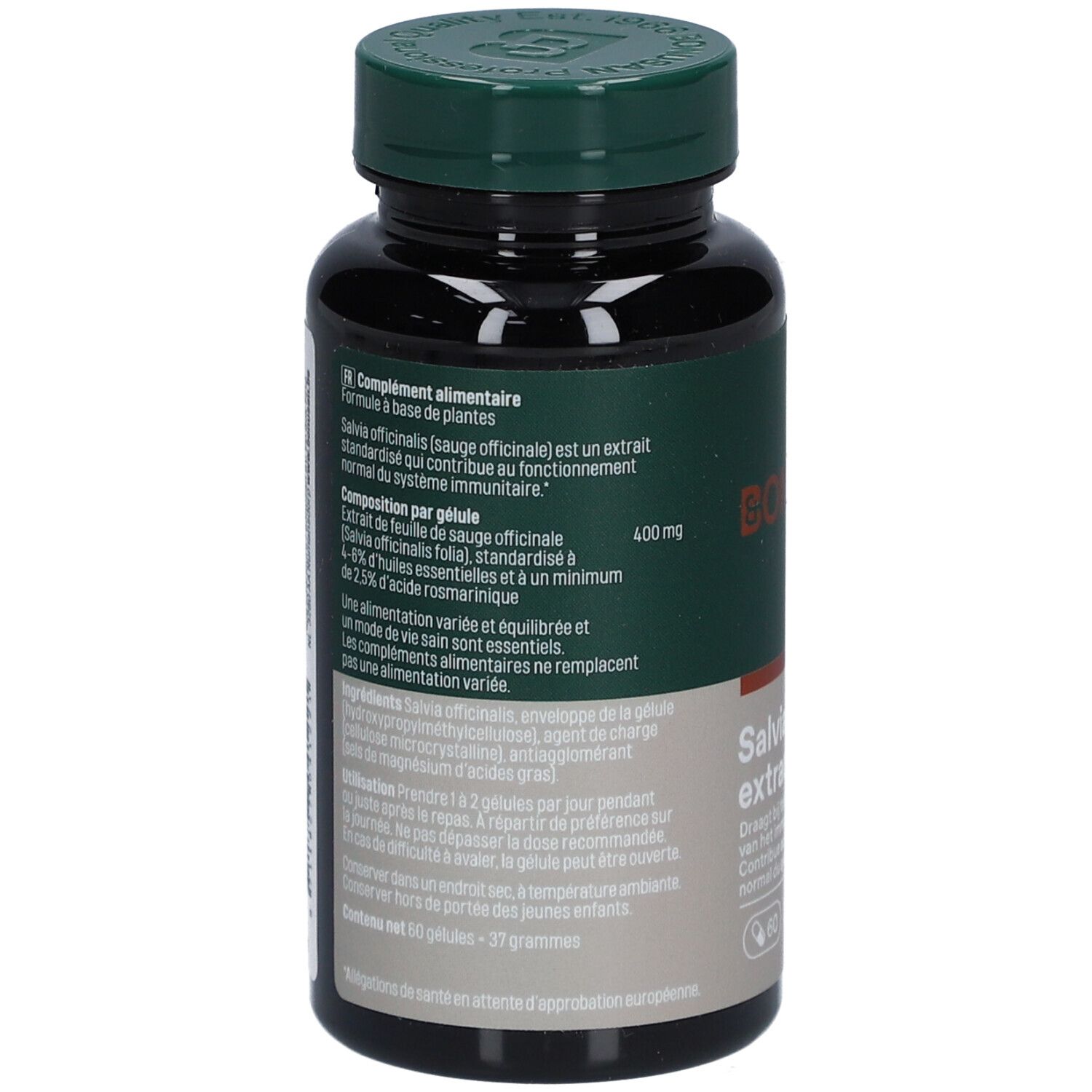 Rückseite der Flasche. Text: Nahrungsergänzungsmittel. Inhaltsstoffe, Gebrauchsanweisung, Nettogewicht 37g.