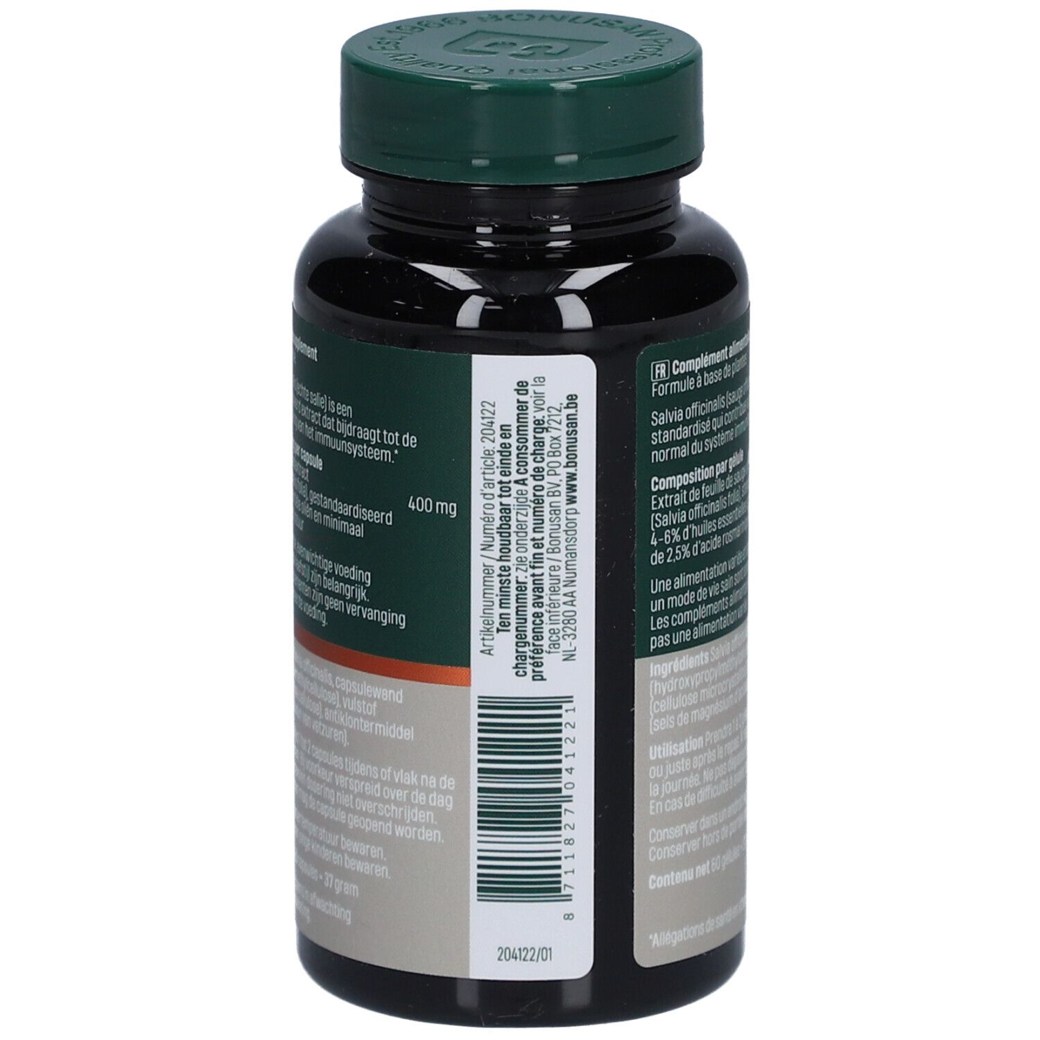 Rückseite der Flasche. Text: Nahrungsergänzungsmittel. Barcode, Herstellerinformationen, Chargennummer.
