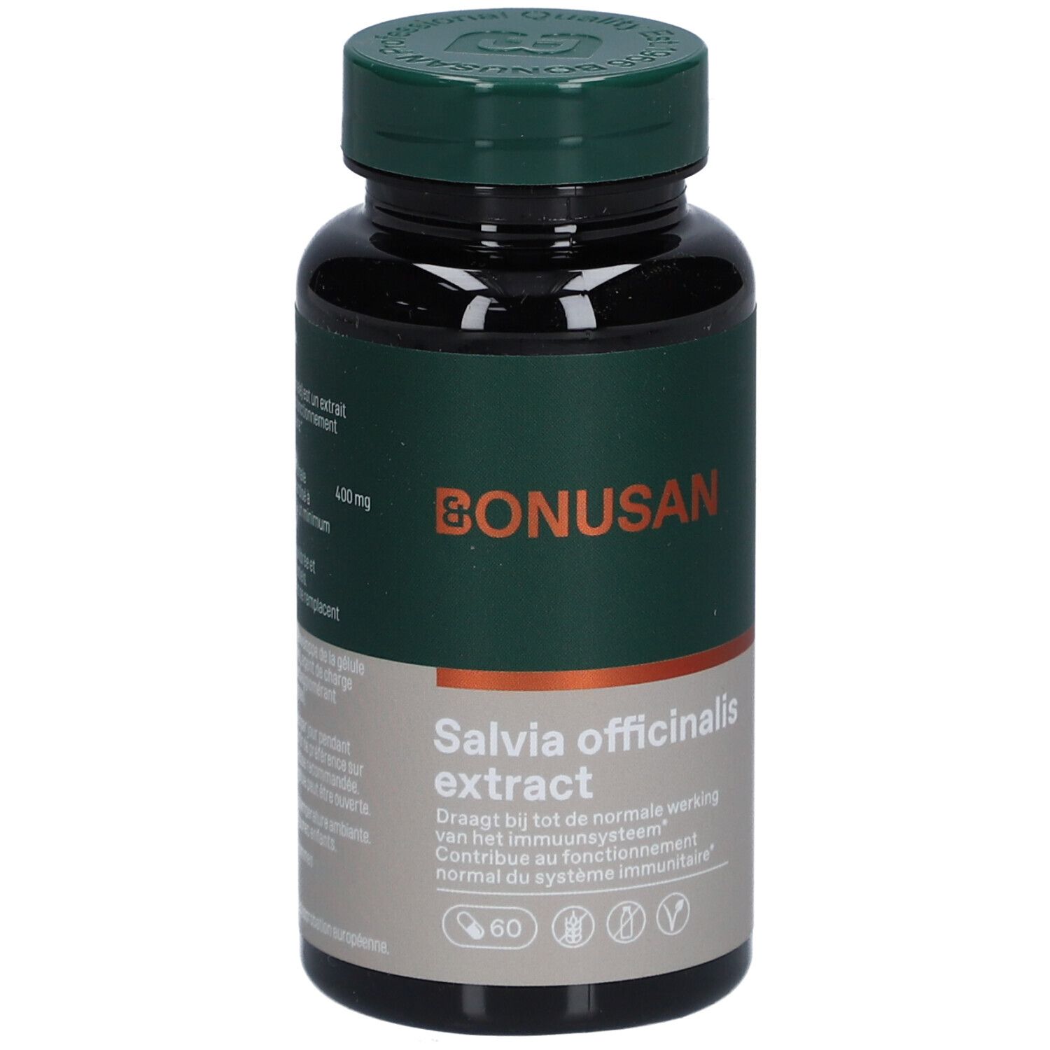 Dunkle Flasche mit grünem Deckel. Aufschrift: Bonusan, Salvia officinalis extract. 60 Kapseln.