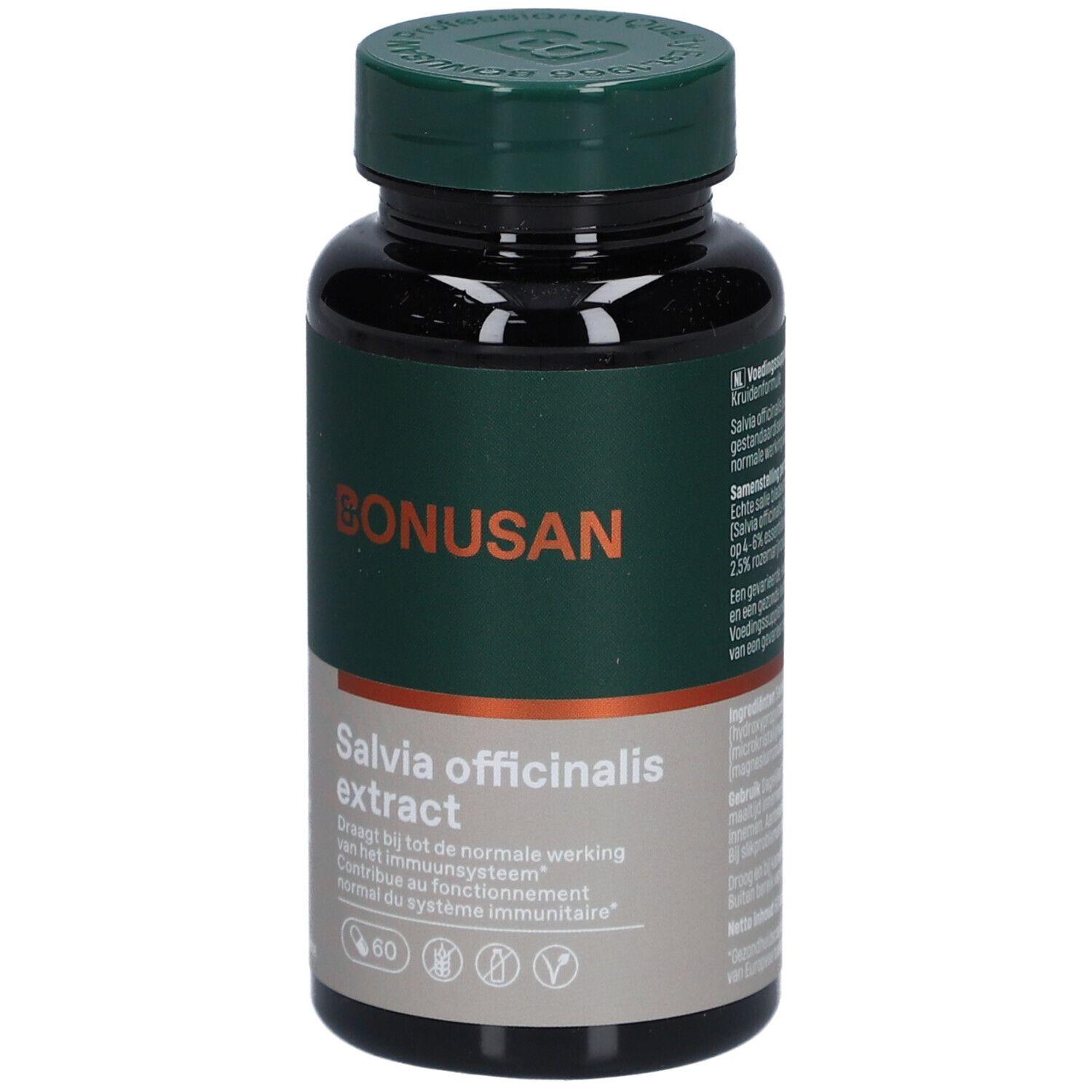 Dunkle Flasche mit grünem Deckel. Aufschrift: Bonusan, Salvia officinalis extract. 60 Kapseln.