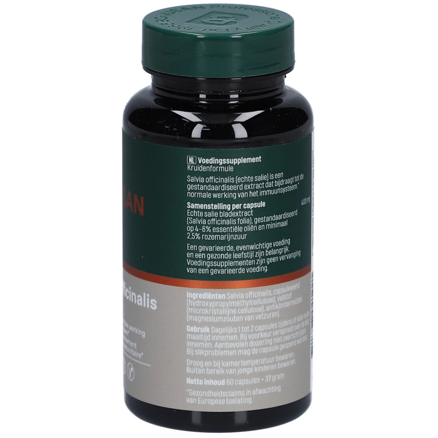 Rückseite der Flasche. Text: Nahrungsergänzungsmittel. Inhaltsstoffe, Gebrauchsanweisung, Nettogewicht 37g.