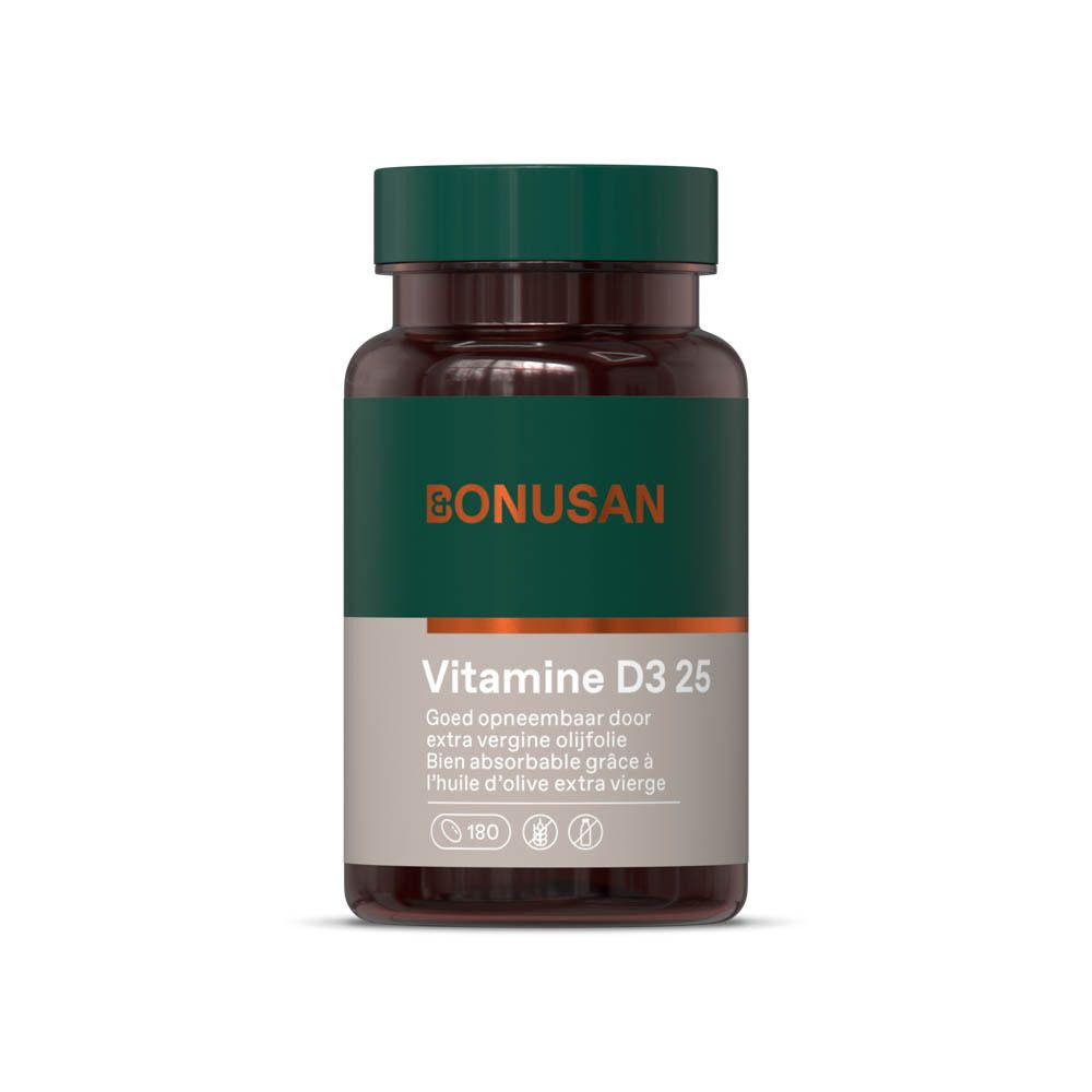 Bruine fles met groene dop. Opschrift: Bonusan, Vitamine D3 25. 180 capsules.