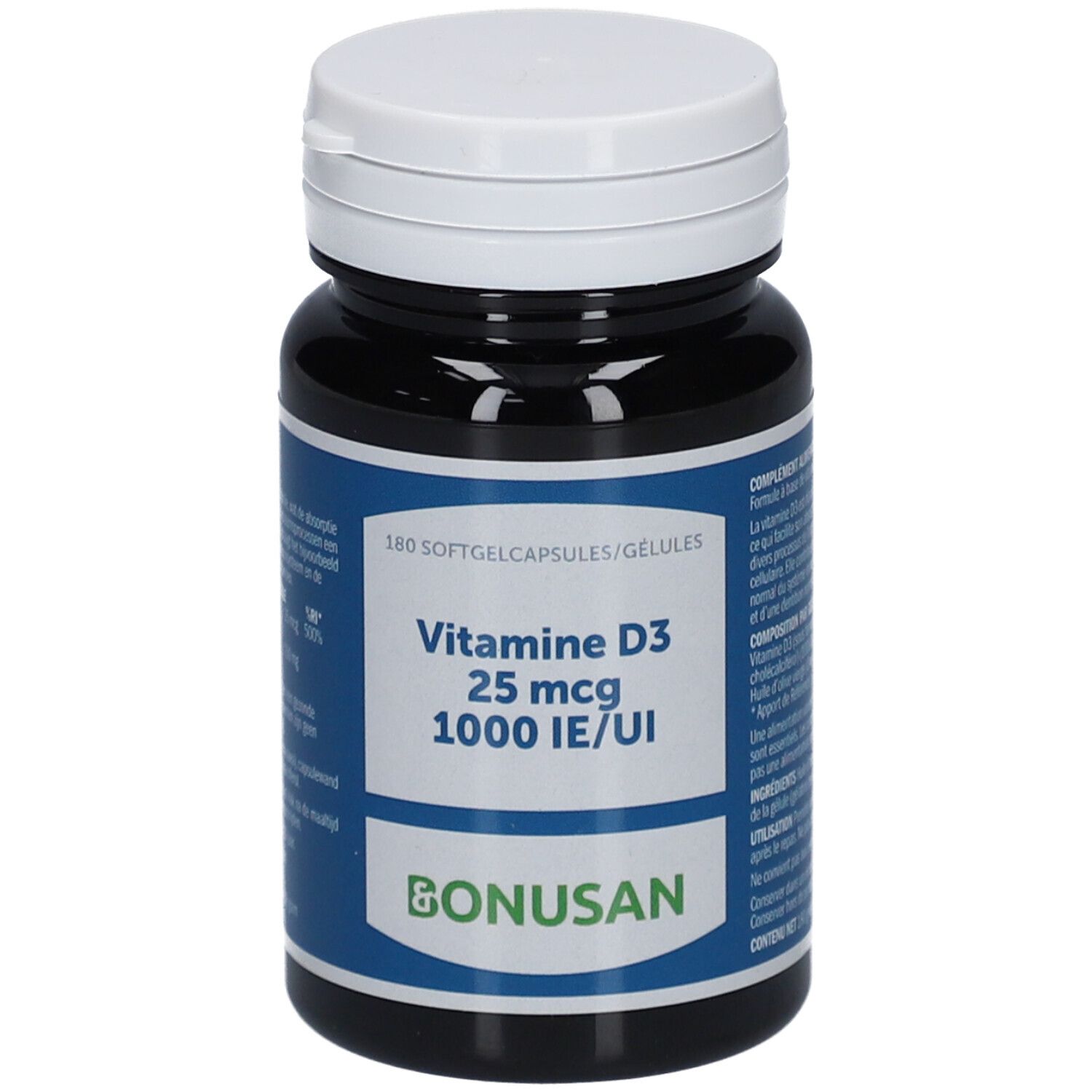 Flacon foncé, bouchon blanc. Étiquette : Vitamine D3 25 mcg 1000 UI/IE et Bonusan.