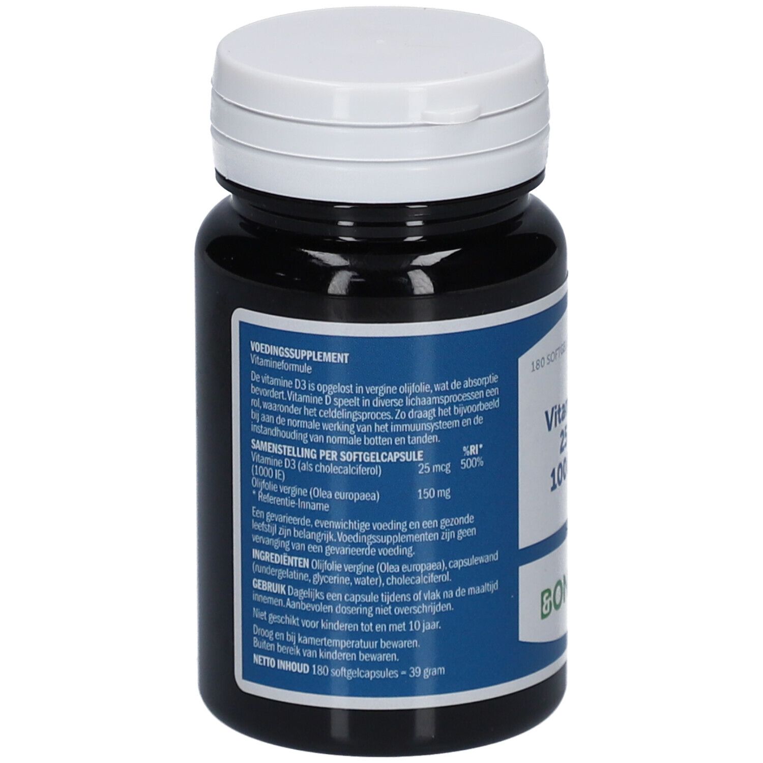 Dos du flacon. Texte sur la vitamine D3, ingrédients et dosage. Logo Bonusan.