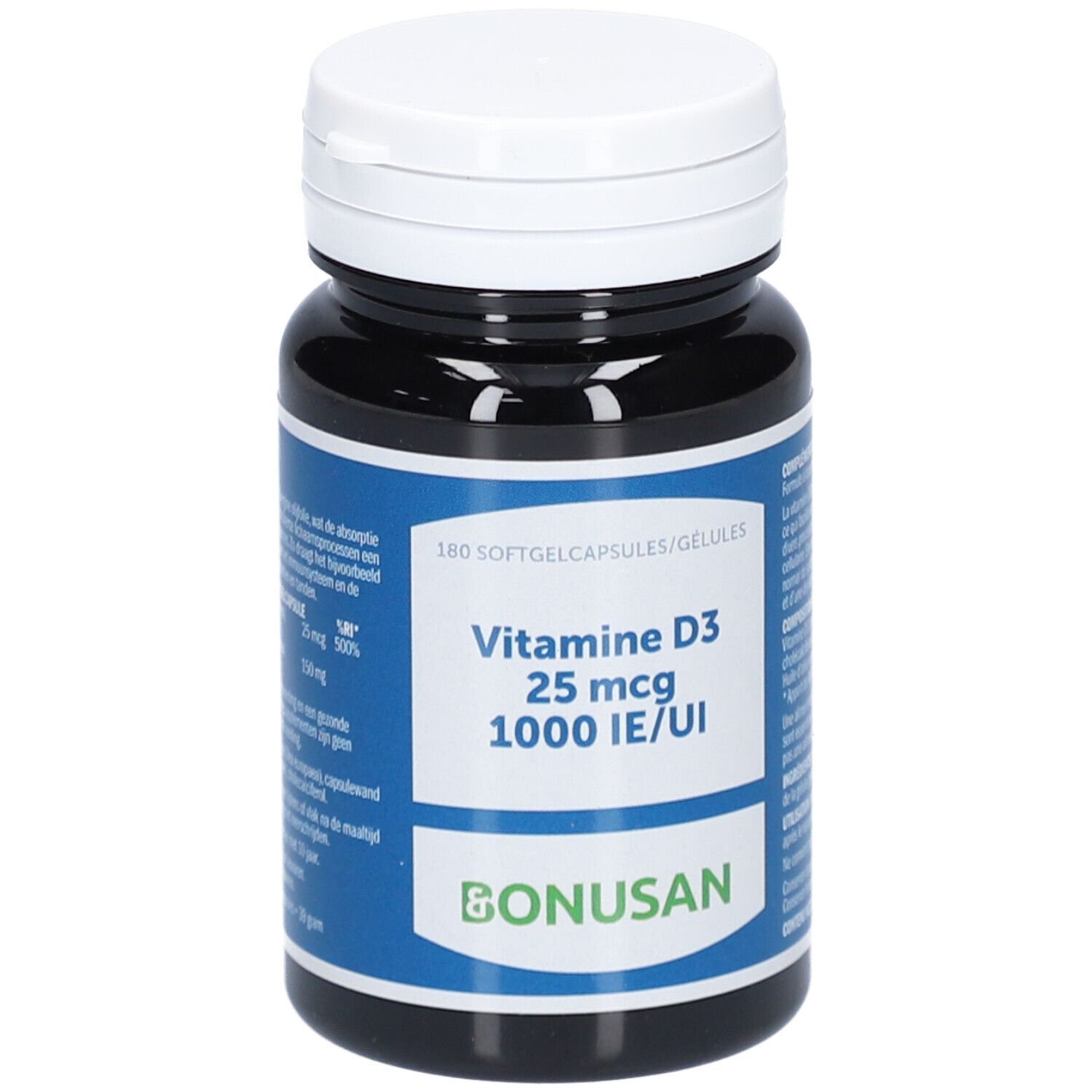 Flacon foncé, bouchon blanc. Étiquette : Vitamine D3 25 mcg 1000 UI/IE et Bonusan.