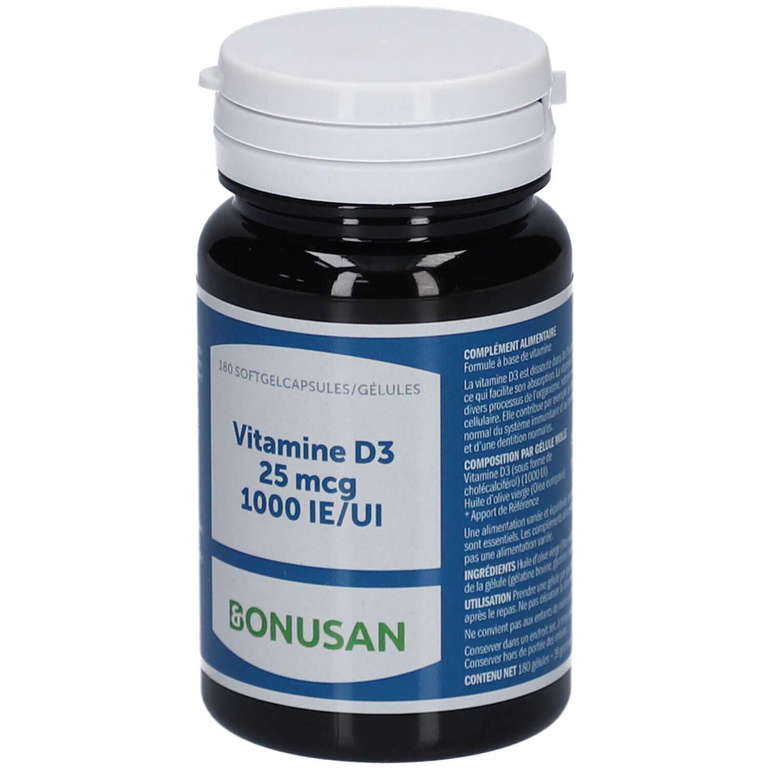 Flacon foncé, bouchon blanc. Étiquette : Vitamine D3 25 mcg 1000 UI/IE et Bonusan.
