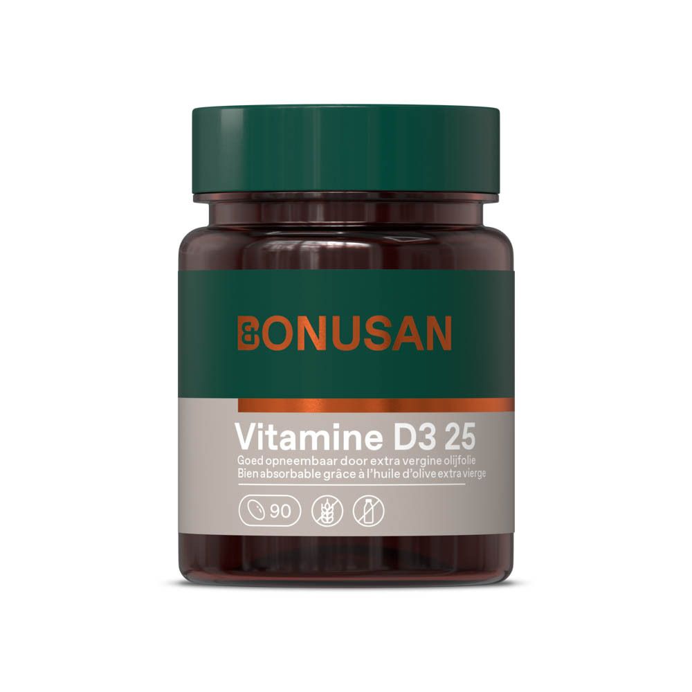 Flacon marron avec couvercle vert. Étiquette: Vitamine D3 25, logo Bonusan et informations produit.