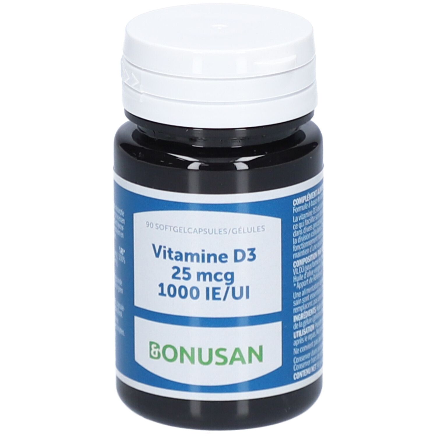 Flacon brun foncé avec couvercle blanc. Étiquette: Vitamine D3 25 mcg 1000 UI/IE et logo Bonusan.