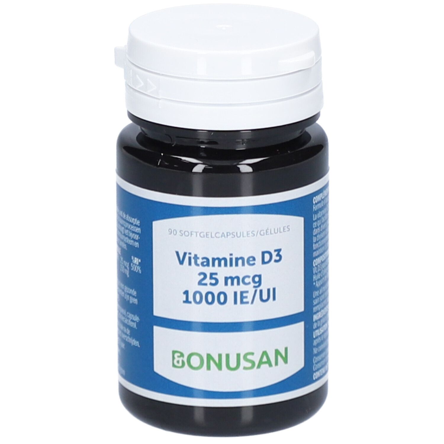 Flacon brun foncé avec couvercle blanc. Étiquette: Vitamine D3 25 mcg 1000 UI/IE et logo Bonusan.