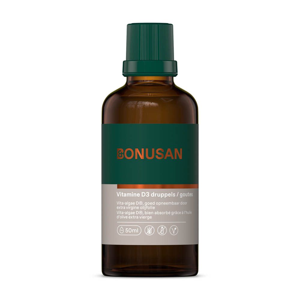 Bruine glazen fles met groene dop. Etiket met BONUSAN-logo en productinformatie. Vitamine D3 druppels.