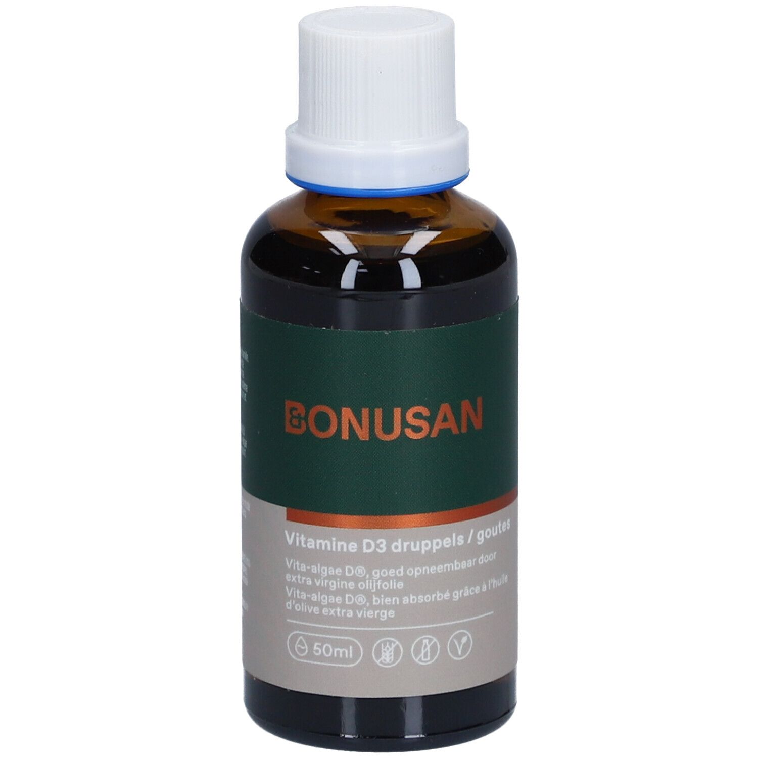 Bruine glazen fles met witte dop. Etiket met BONUSAN-logo en productinformatie. Vitamine D3 druppels.