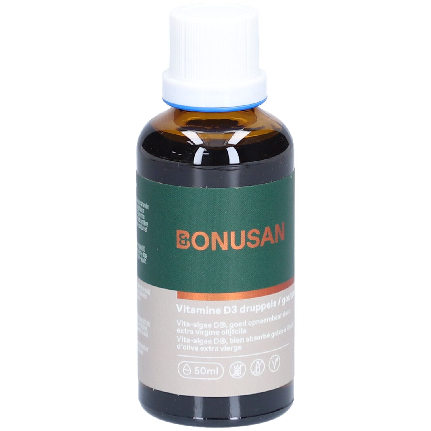 Bruine glazen fles met witte dop. Etiket met BONUSAN-logo en productinformatie. Vitamine D3 druppels.