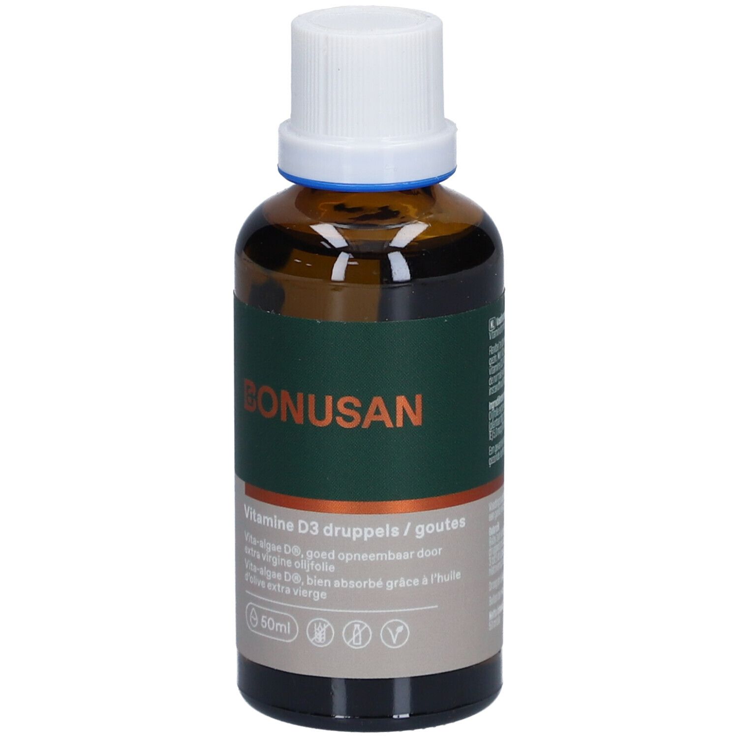 Bruine glazen fles met witte dop. Etiket met BONUSAN-logo en productinformatie. Vitamine D3 druppels.