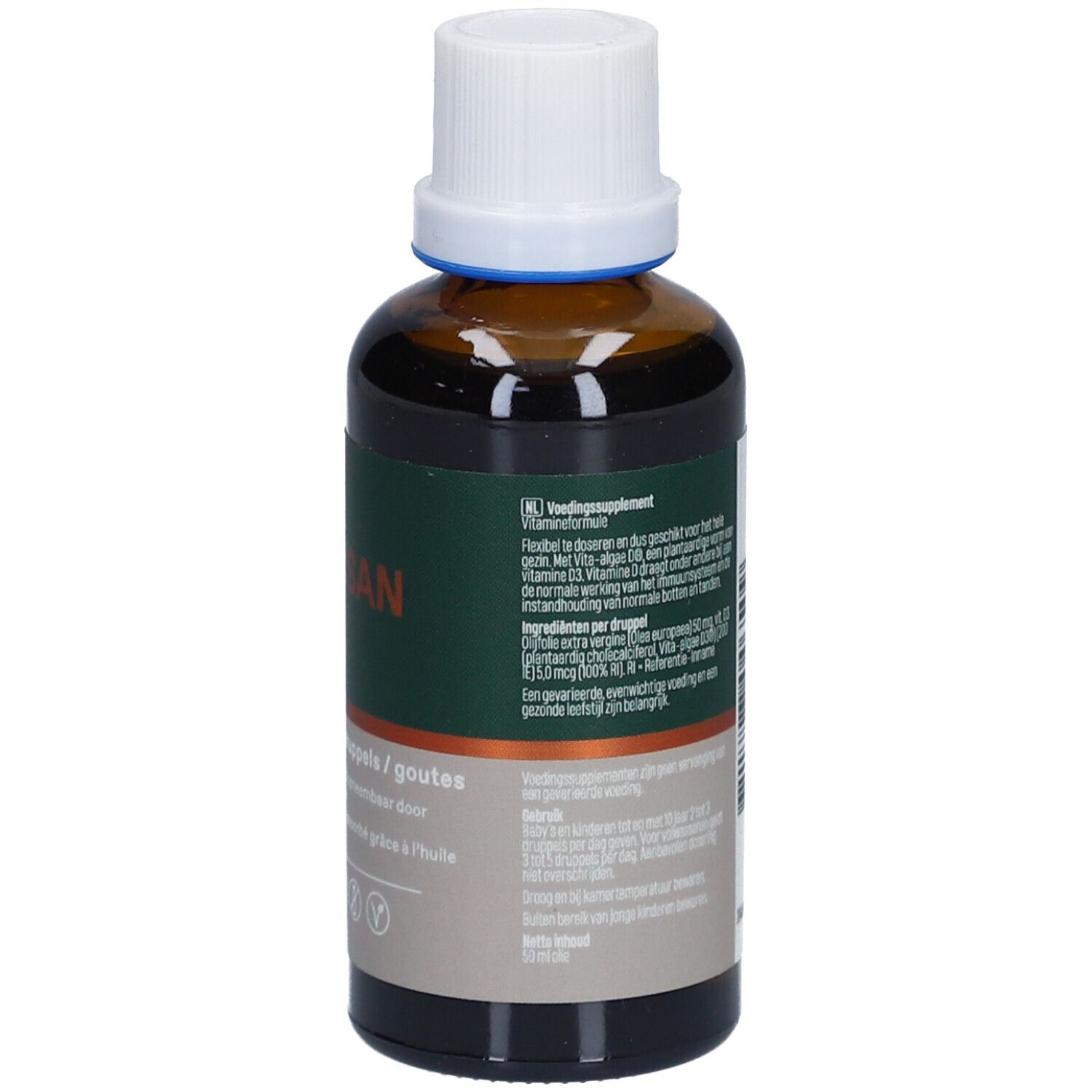 Bruine glazen fles met witte dop. Etiket met productinformatie. Vitamine D3 druppels.