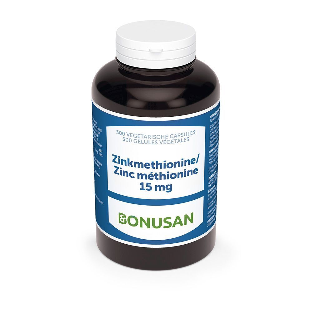 Braune Flasche mit weißem Deckel. Blaues Etikett mit Text: Zinkmethionin 15 mg, BONUSAN. 300 Kapseln.