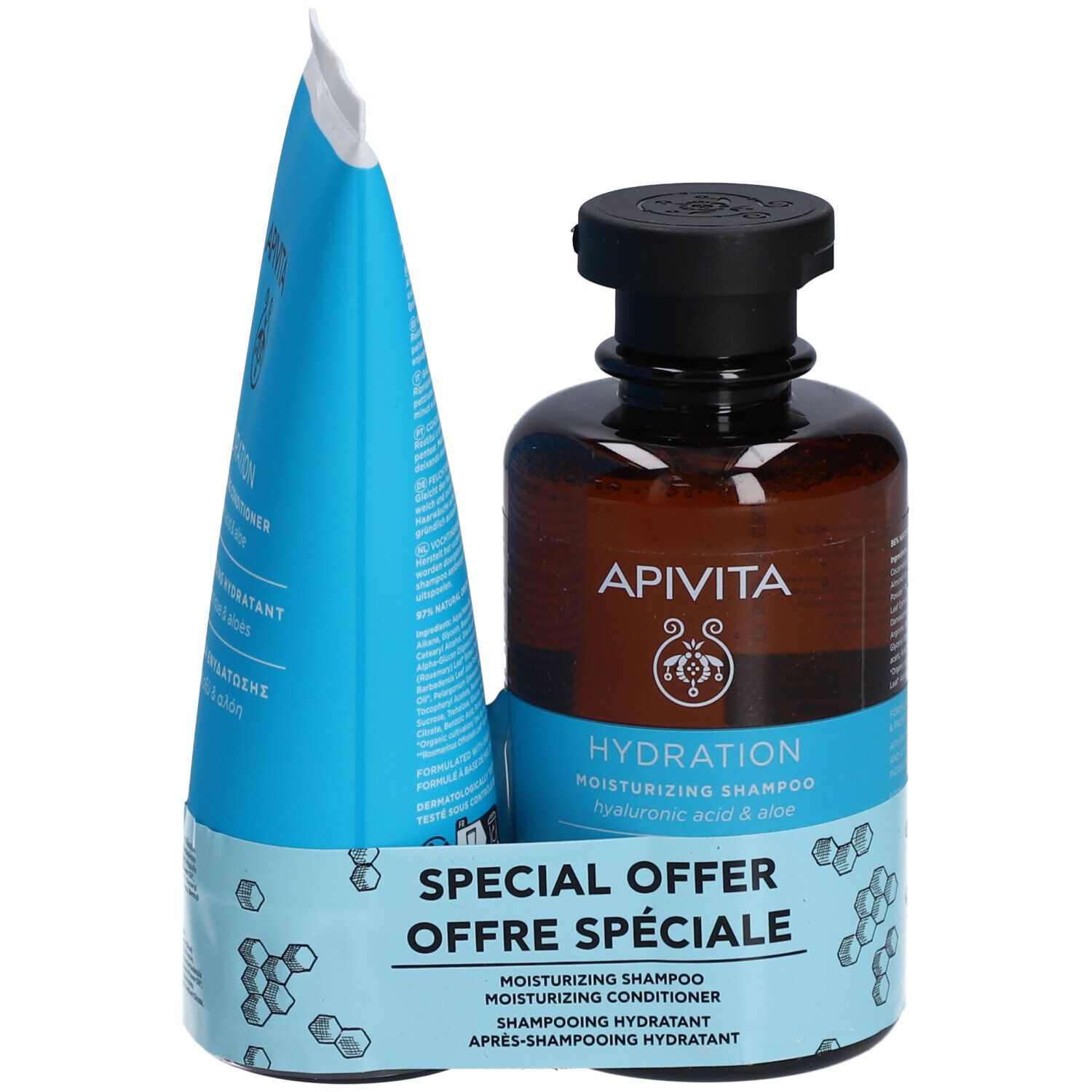 APIVITA Hydration Shampooing et Après-Shampooing. Flacon brun, tube bleu. Inscription : "OFFRE SPÉCIALE".