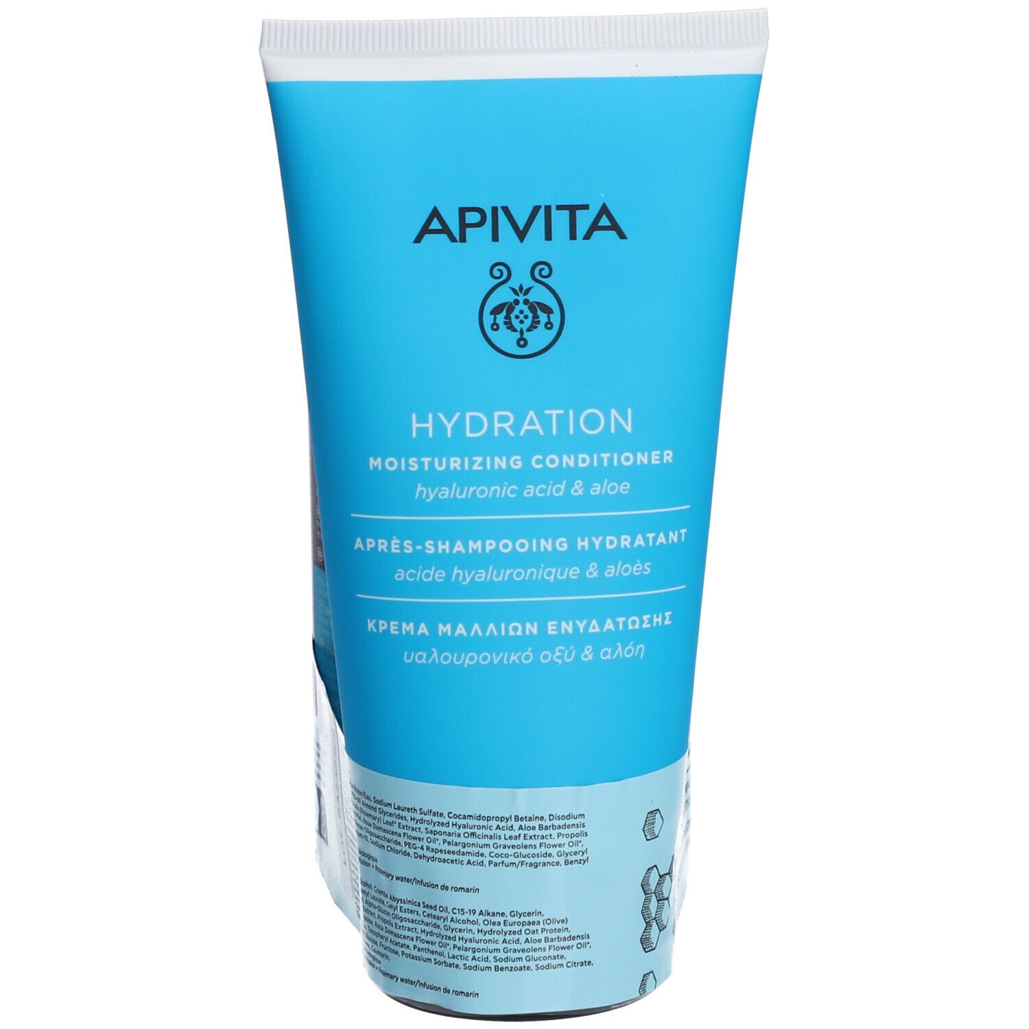 APIVITA Hydration Après-Shampooing Hydratant. Tube bleu avec texte blanc. Contient acide hyaluronique et aloe.