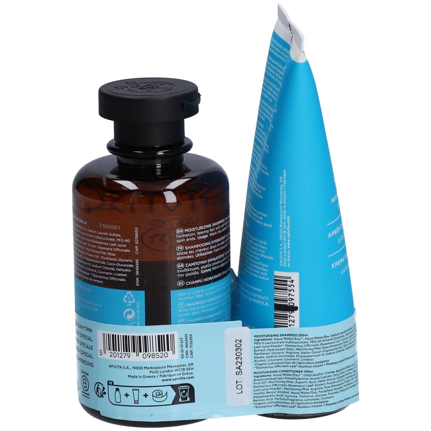 APIVITA Hydration Shampooing et Après-Shampooing. Dos avec informations produit. Flacon brun, tube bleu.