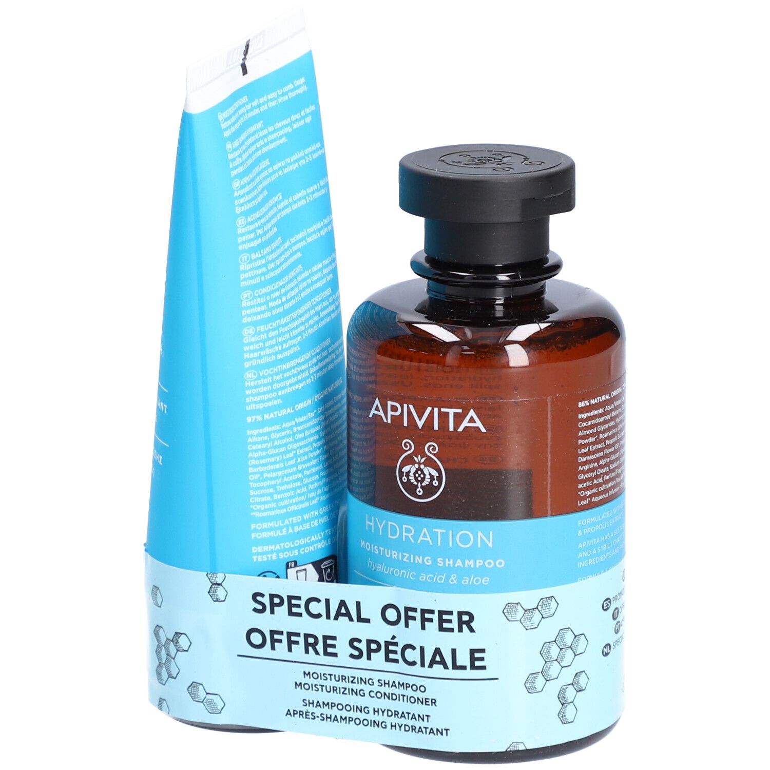 APIVITA Hydration Shampooing et Après-Shampooing. Flacon brun, tube bleu. Inscription : "OFFRE SPÉCIALE".