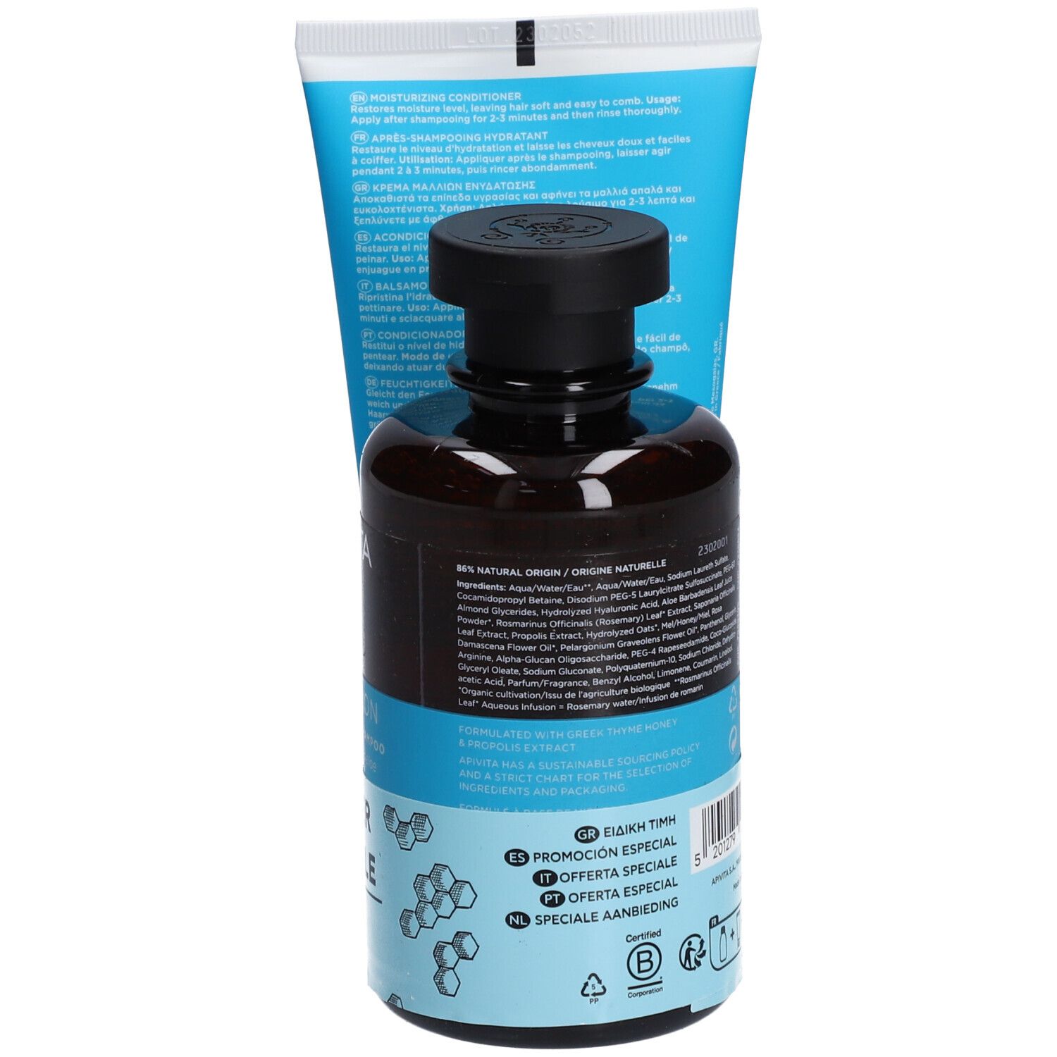 APIVITA Hydration Shampooing et Après-Shampooing. Dos avec informations produit. Flacon brun, tube bleu.