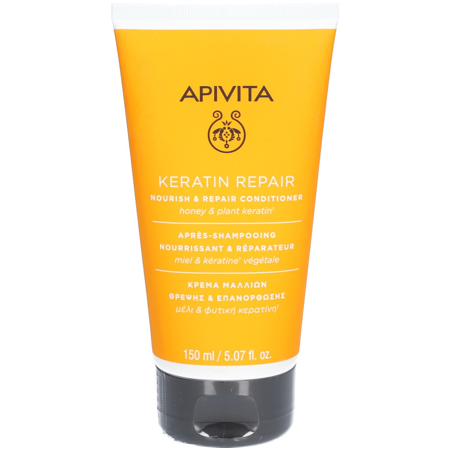 Tube jaune avec bouchon noir. Inscription: Apivita, Keratin Repair Conditioner.