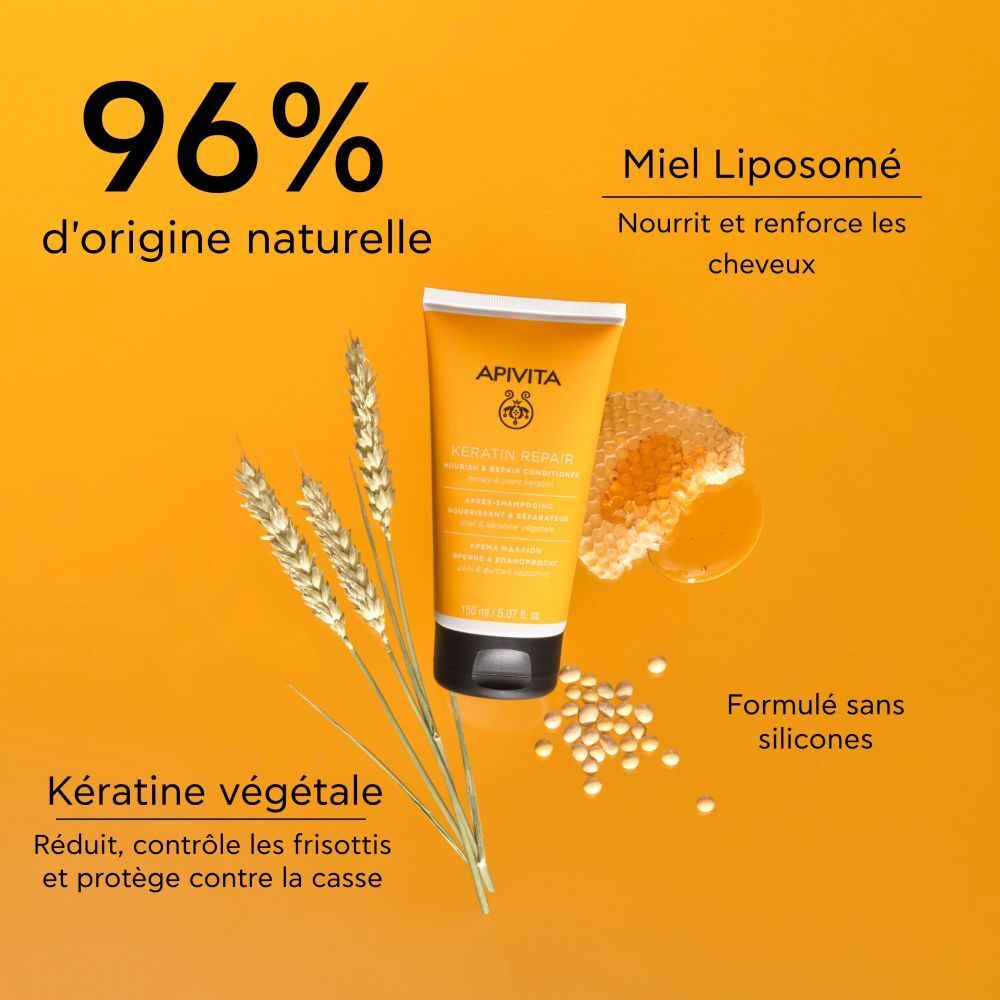 Tube jaune, bouchon noir. Texte: Apivita, Keratin Repair Conditioner. Avec épis de blé et miel.
