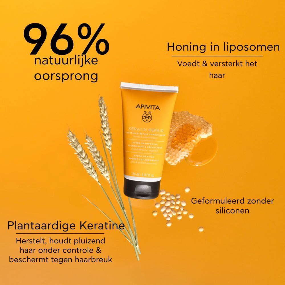 Gele tube, zwarte dop. Tekst: Apivita, Keratin Repair Conditioner. Met tarwearen en honing.