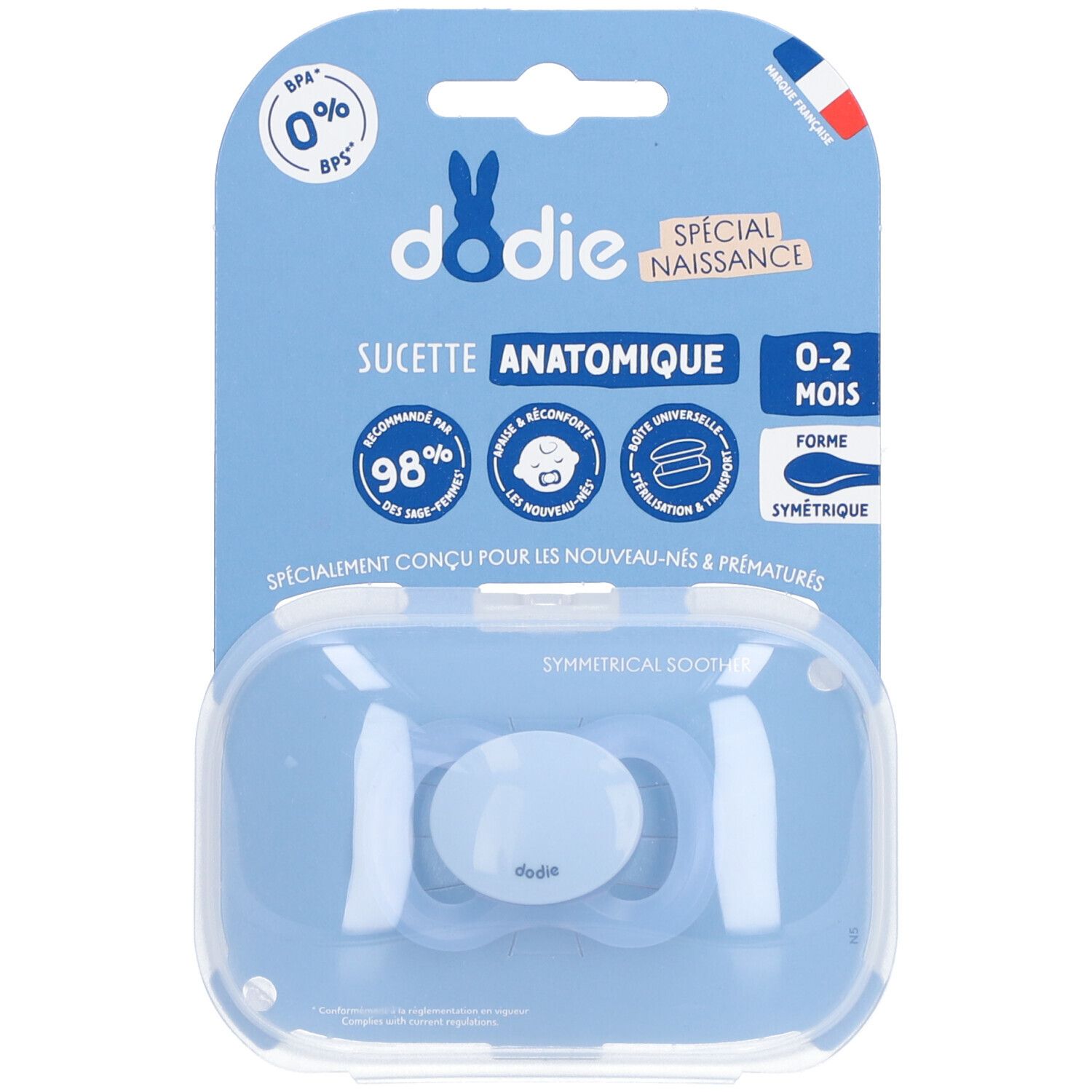 Sucette anatomique bleue Dodie 0-2 mois. Emballage avec informations produit. Sans BPA. Forme symétrique. Spécial naissance.