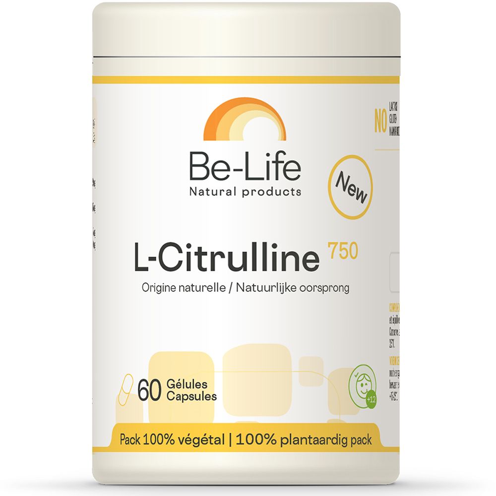 Pot L-Citrulline 750. Witte pot met gele deksel. Opschrift: Be-Life, L-Citrulline 750, 60 capsules.
