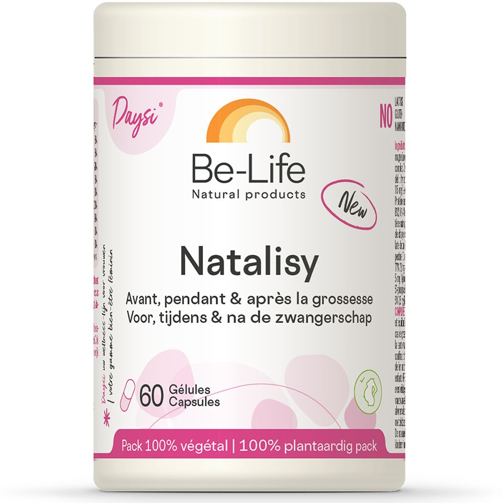 Flacon Be-Life Natalisy. Emballage rose et blanc. 60 gélules. Texte : Avant, pendant & après la grossesse.