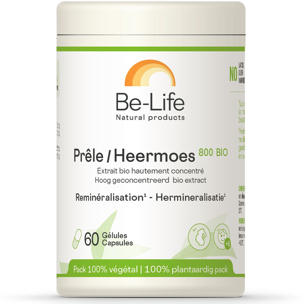 Boîte cylindrique avec couvercle vert. Inscription: Be-Life, Prêle/Heermoes 800 BIO. 60 gélules. Pack 100% végétal.