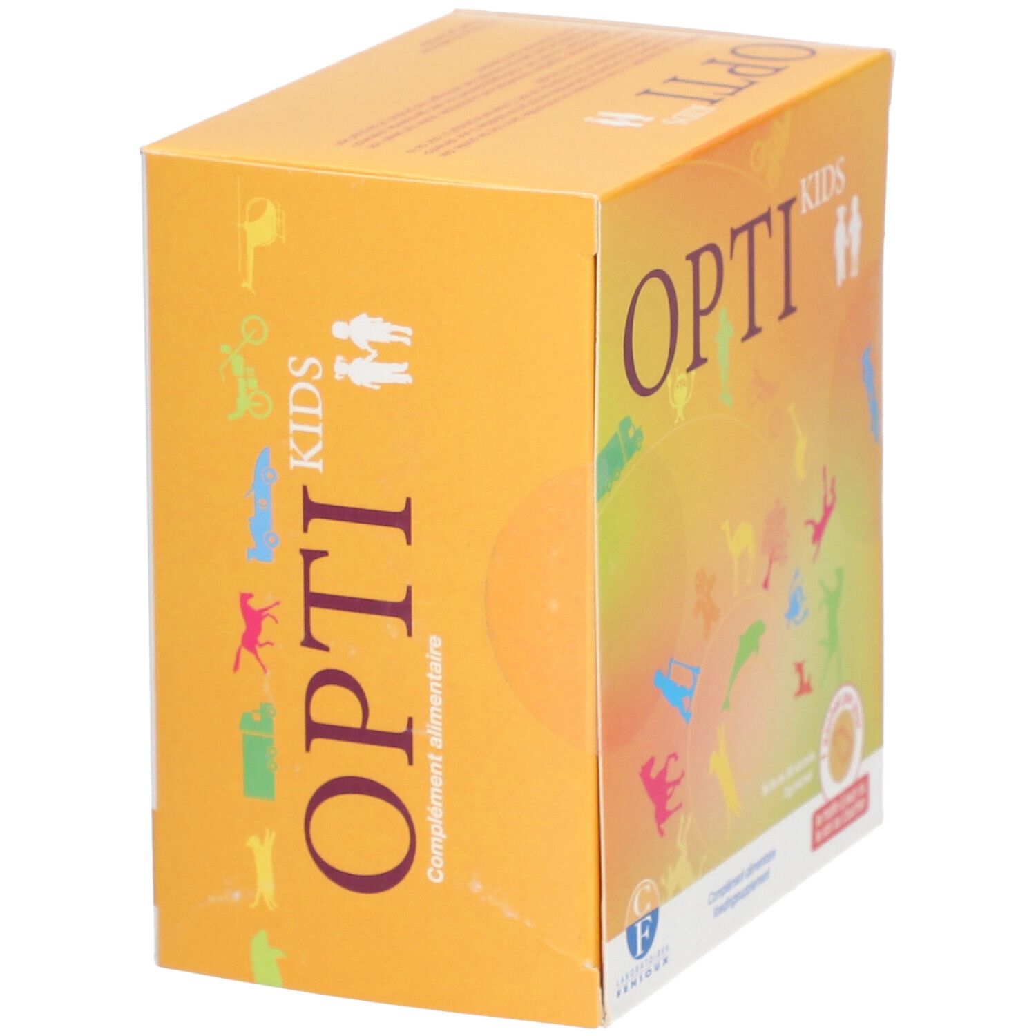 Boîte OPTI KIDS jaune avec illustrations enfantines. Inscription du nom du produit. Contient 60 sachets. Inscription: 1 sachet par jour.