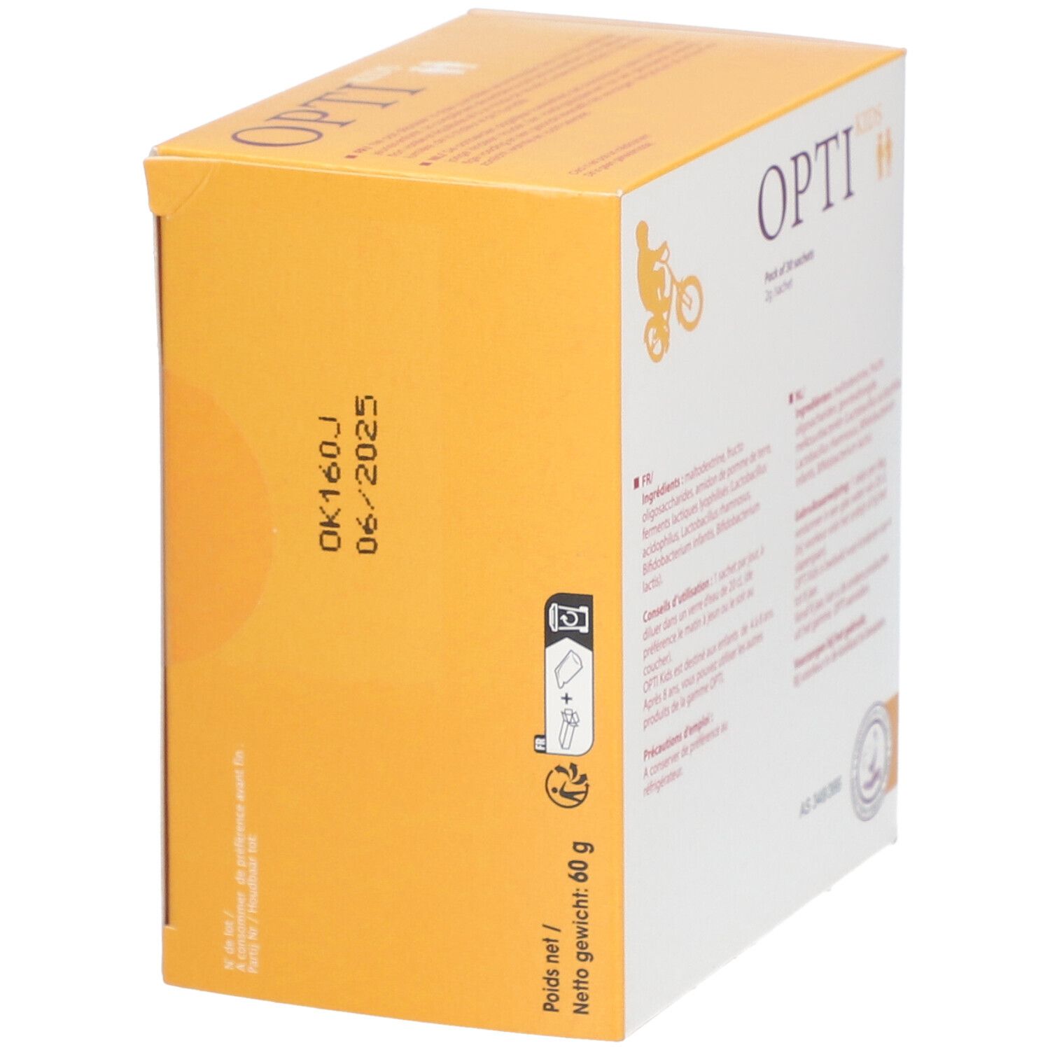 Boîte OPTI KIDS jaune. Inscriptions de date de péremption et informations. Contient 60 sachets. Inscription: 1 sachet par jour.