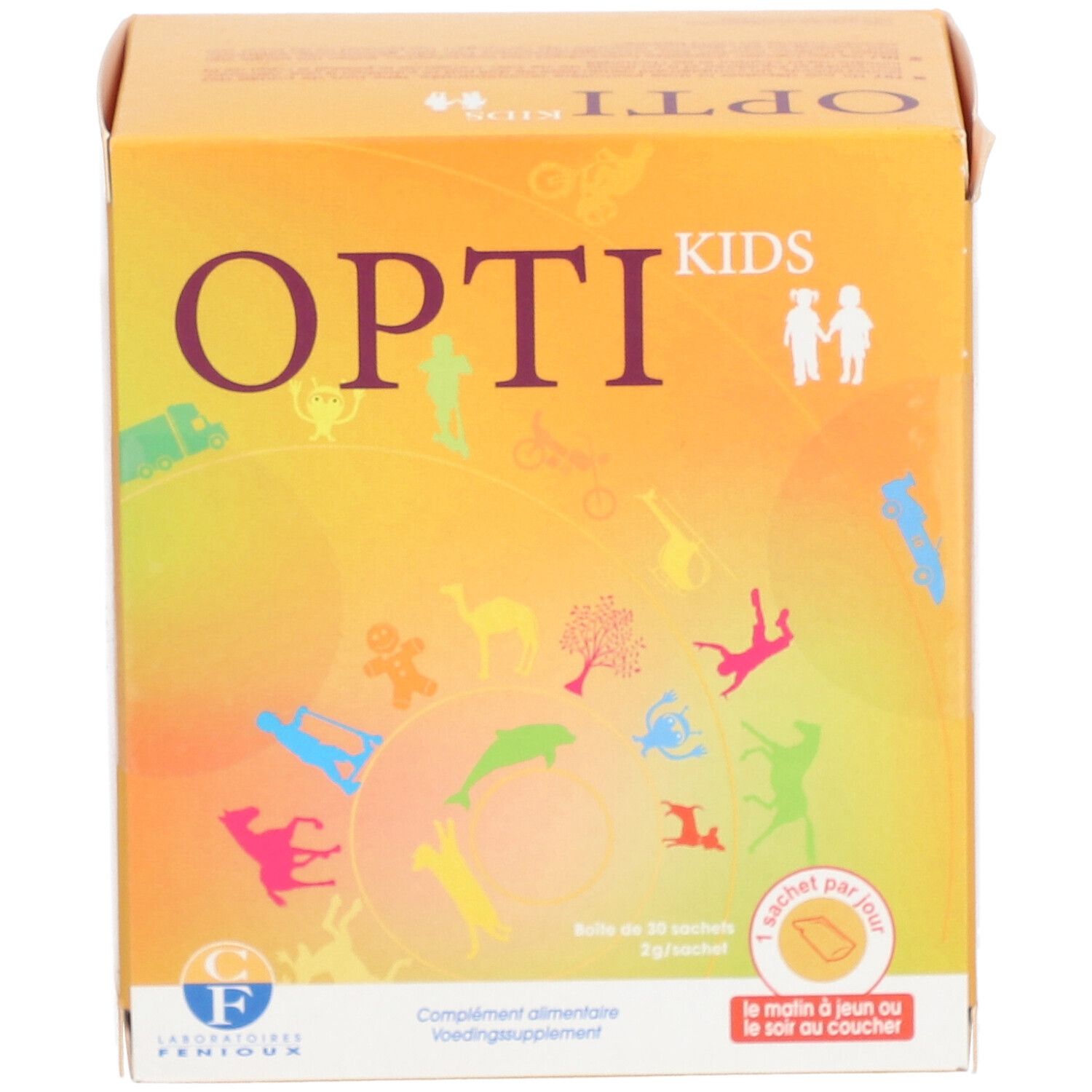 Boîte OPTI KIDS jaune avec illustrations enfantines. Inscription du nom du produit. Contient 60 sachets. Inscription: 1 sachet par jour.