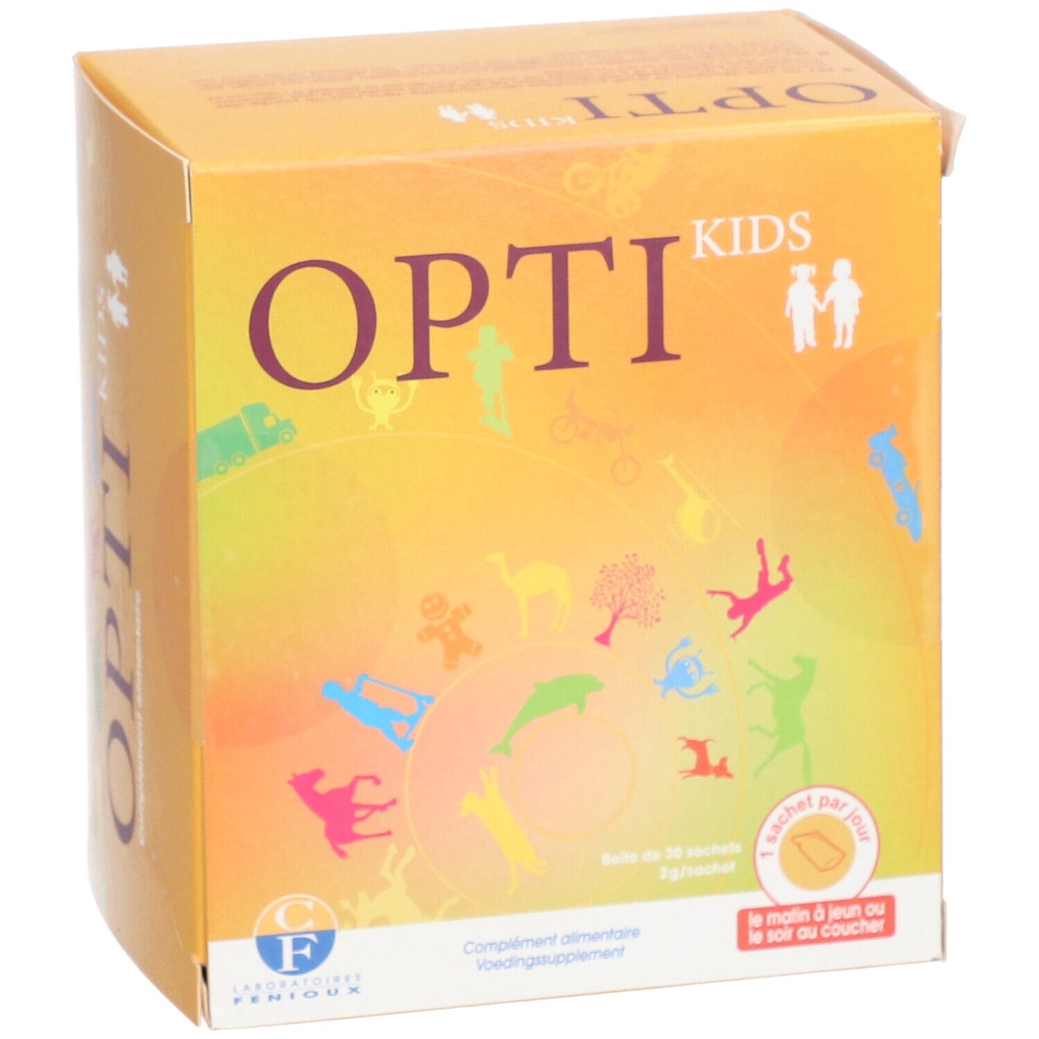 Boîte OPTI KIDS jaune avec illustrations enfantines. Inscription du nom du produit. Contient 60 sachets. Inscription: 1 sachet par jour.