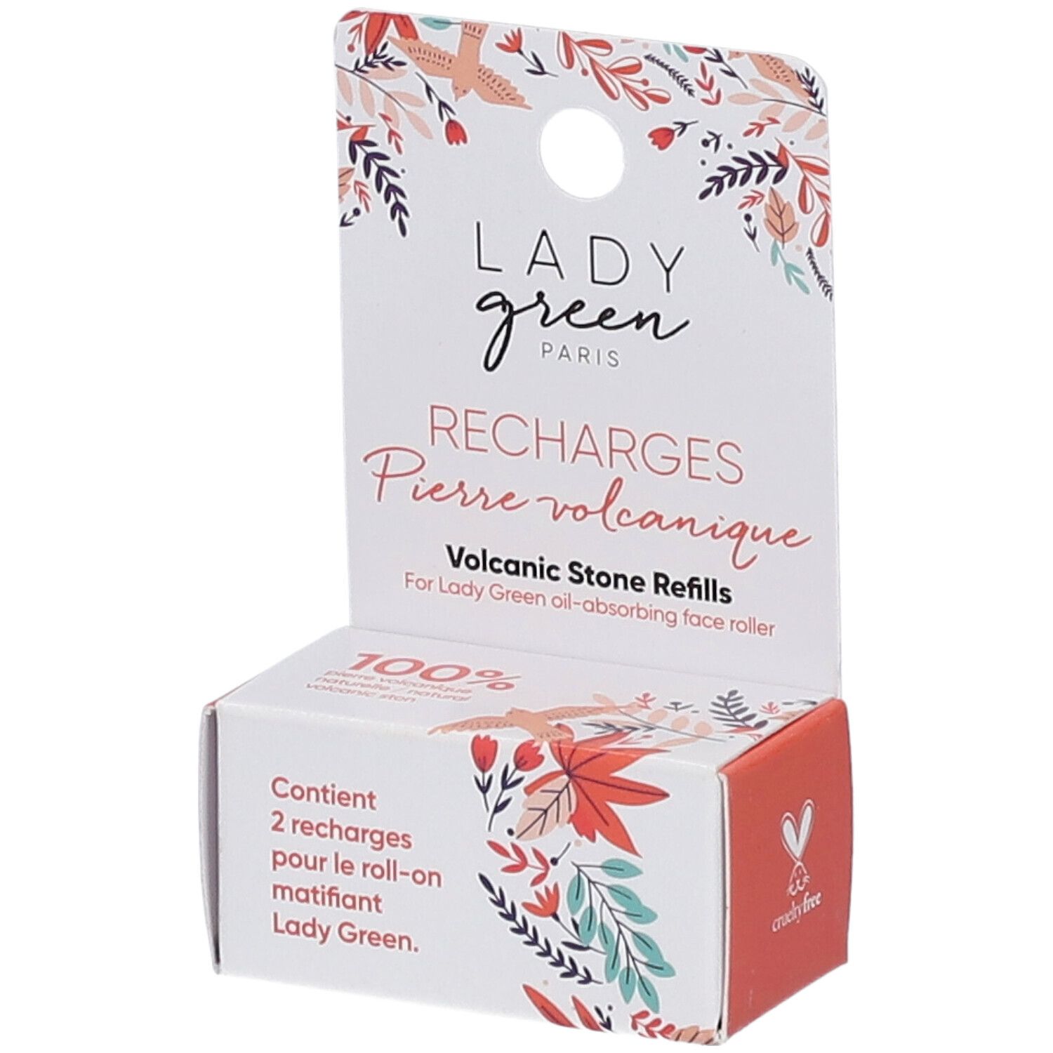 Verpackung mit "LADY GREEN"-Logo und Text "RECHARGES Pierre volcanique". Enthält 2 Nachfüllungen für den Roll-on.