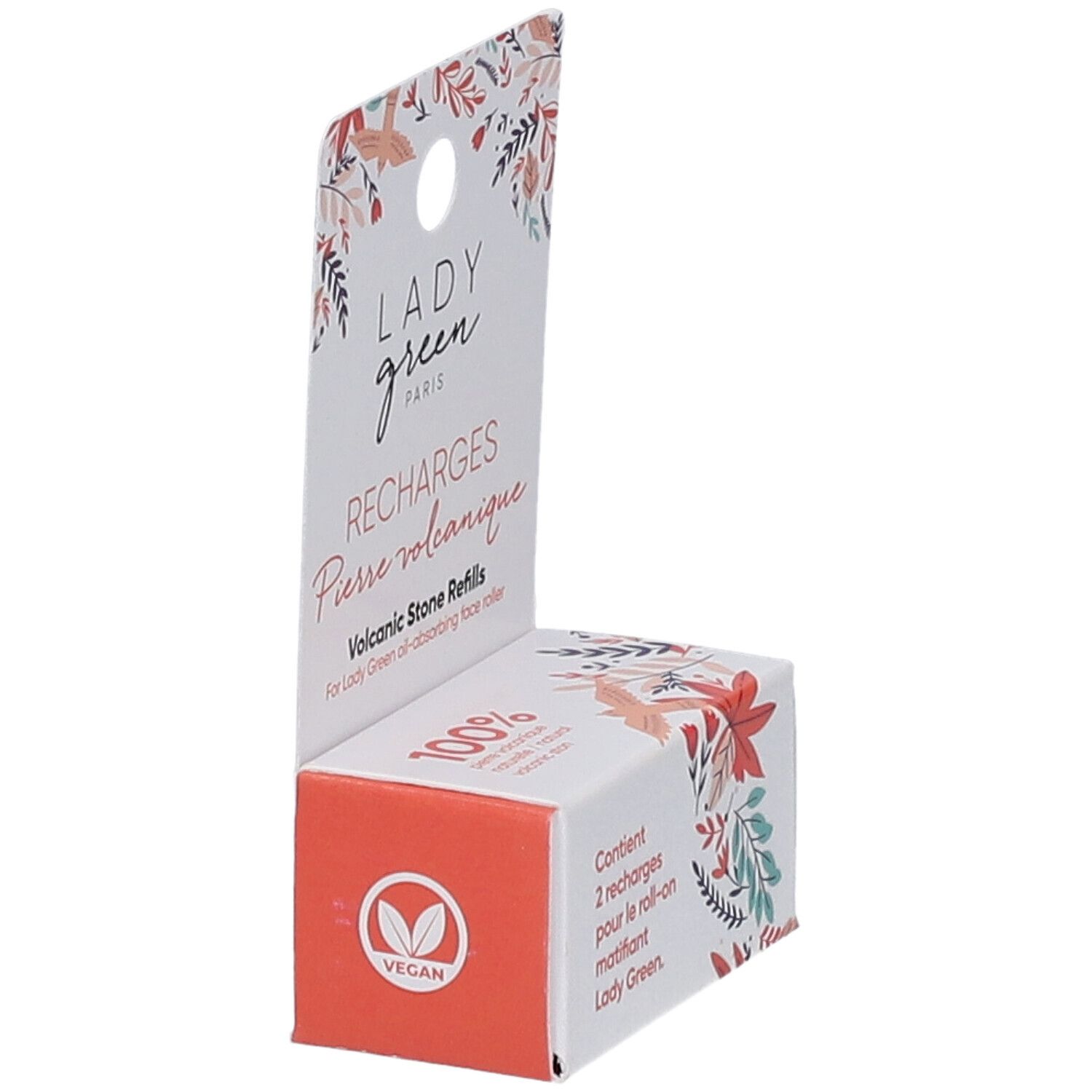 Verpackung "LADY GREEN" mit "VEGAN"-Logo. Text: "RECHARGES Pierre volcanique". Enthält 2 Nachfüllungen für Roll-on.