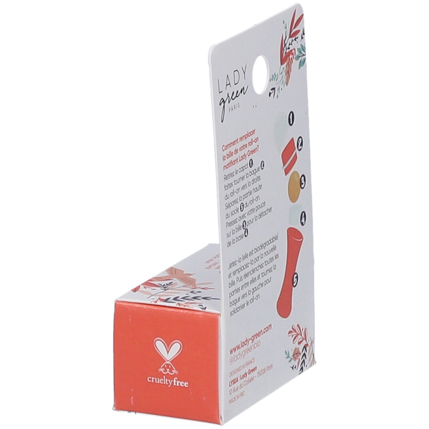 Verpackung mit "Crueltyfree"-Logo. Rückseite mit Anweisungen zum Austausch der Roll-on-Kugel. Text: www.lady-green.com.