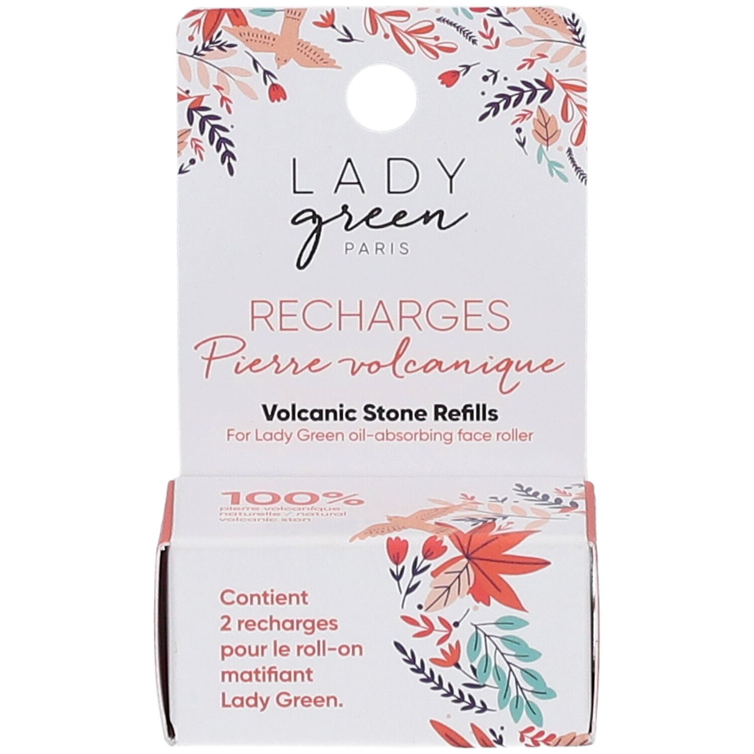 Verpackung "LADY GREEN" mit Text "RECHARGES Pierre volcanique". Enthält 2 Nachfüllungen für den Roll-on. Logo "100%".