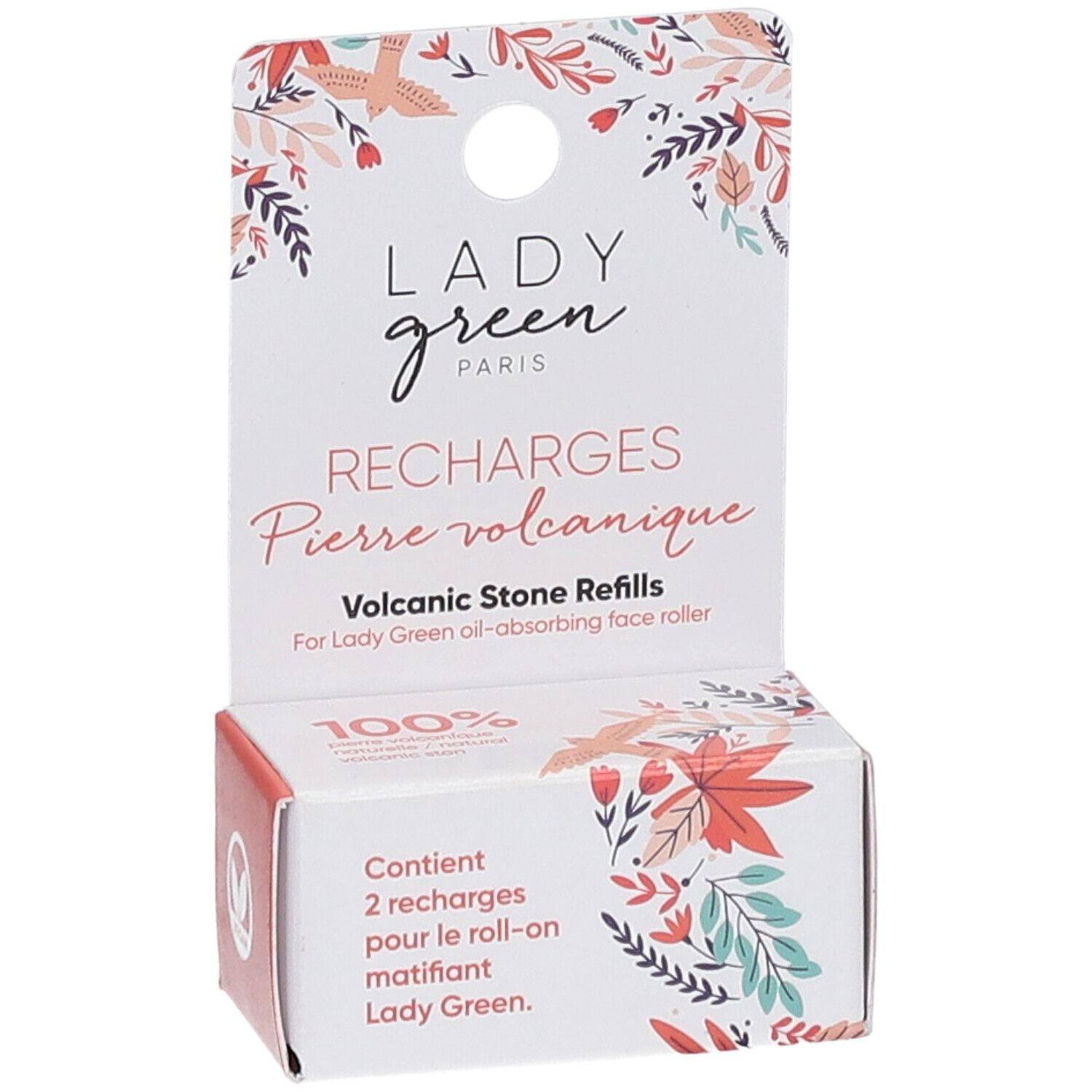 Verpackung "LADY GREEN" mit Text "RECHARGES Pierre volcanique". Enthält 2 Nachfüllungen für den Roll-on. Logo "100%".