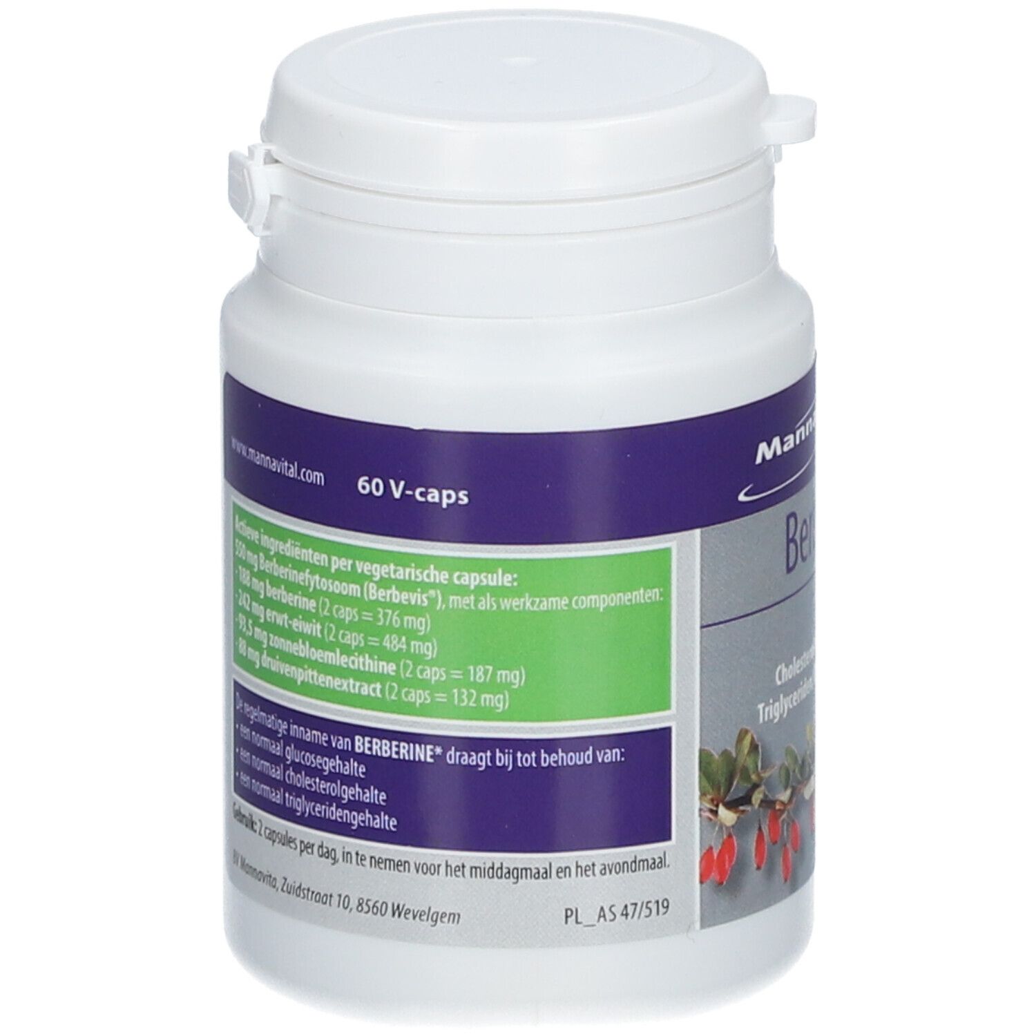 Witte fles met capsules. Achterkant met ingrediënten en informatie. 60 V-caps.