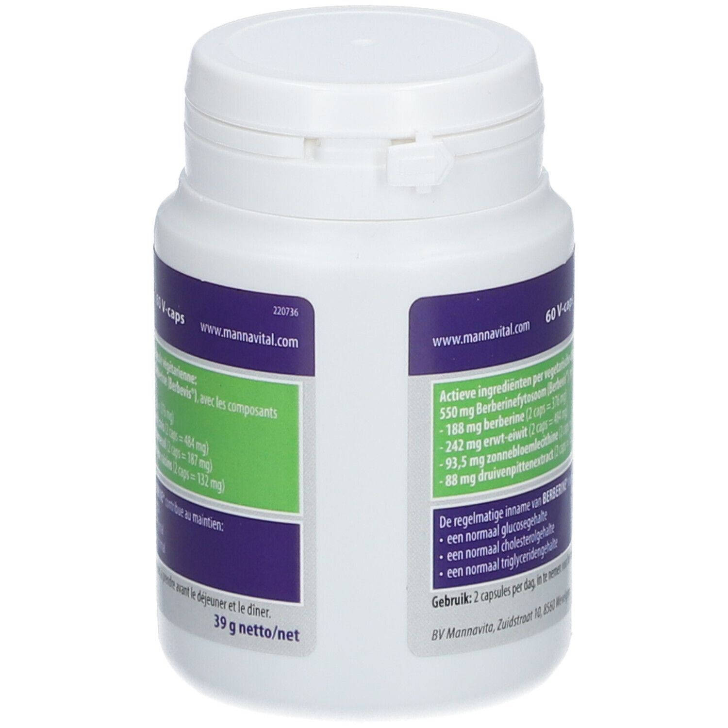 Witte fles met capsules. Achterkant met ingrediënten en informatie. 39 g netto.