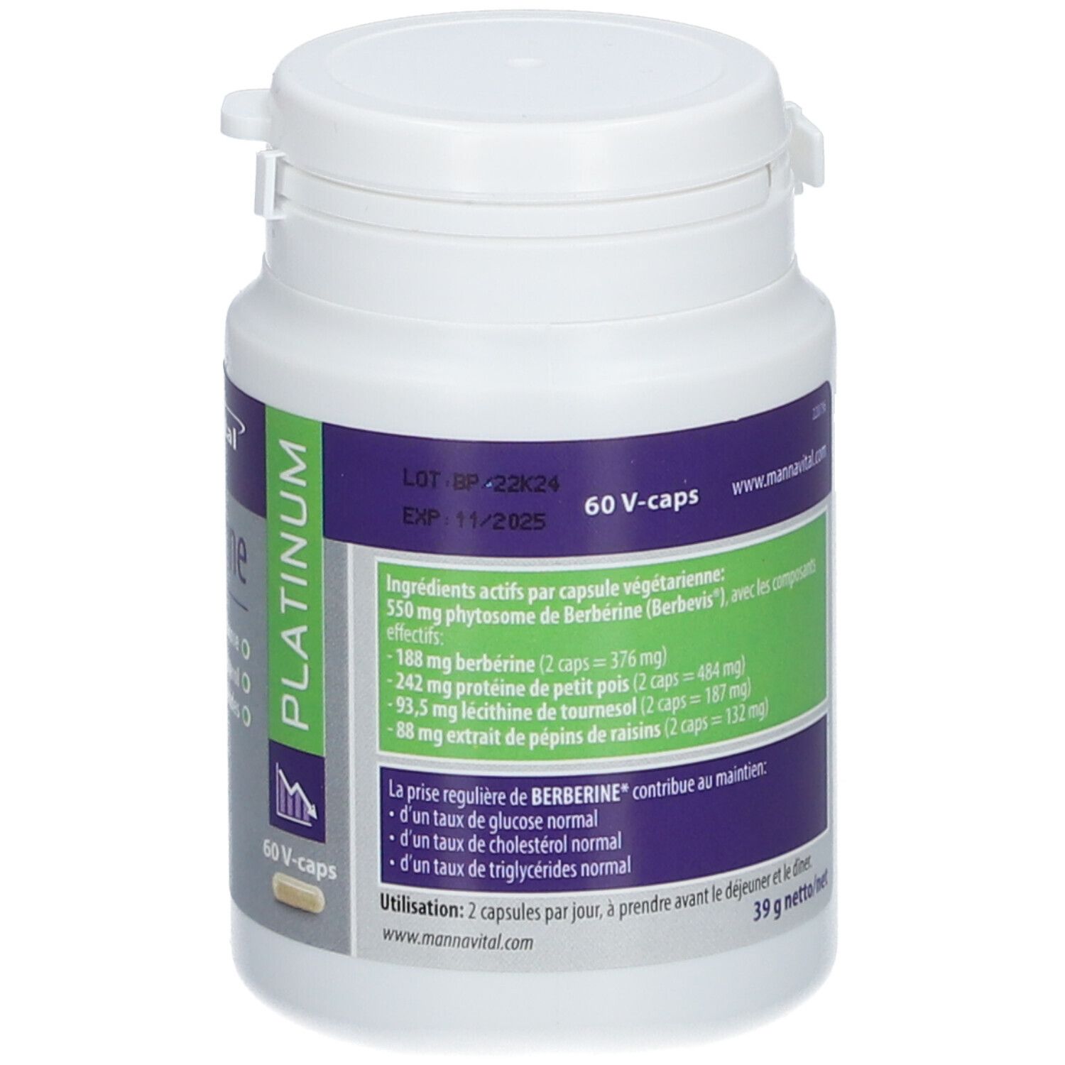 Witte fles met capsules. Achterkant met ingrediënten en informatie. 60 V-caps.