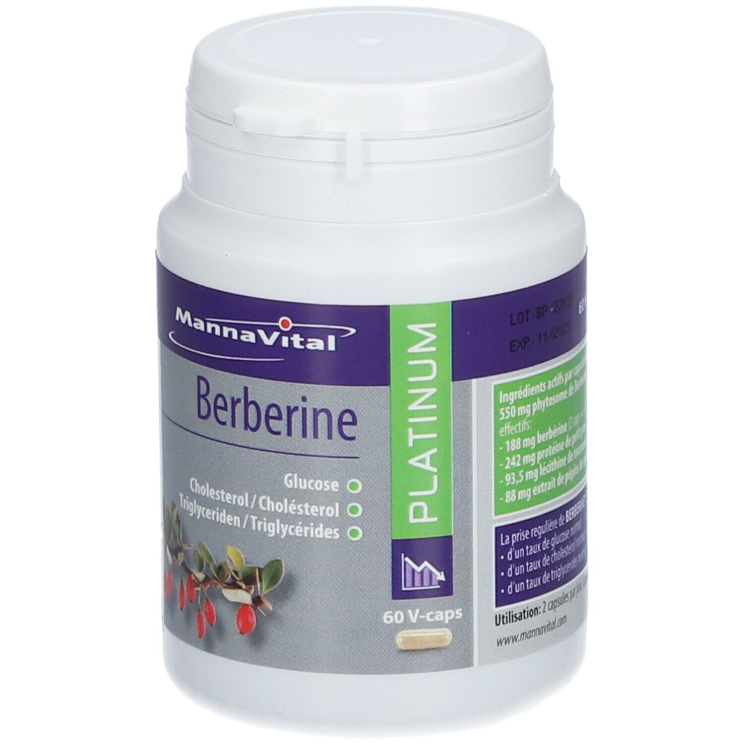 Witte fles met capsules. Etiket met productnaam, ingrediënten en logo. 60 V-caps.