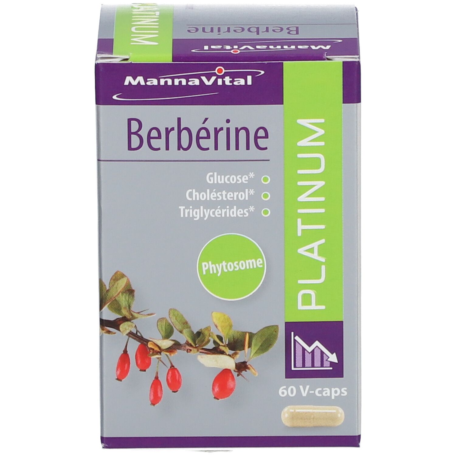 Productverpakking. Bedrukking met productnaam, ingrediënten en logo. 60 V-caps.
